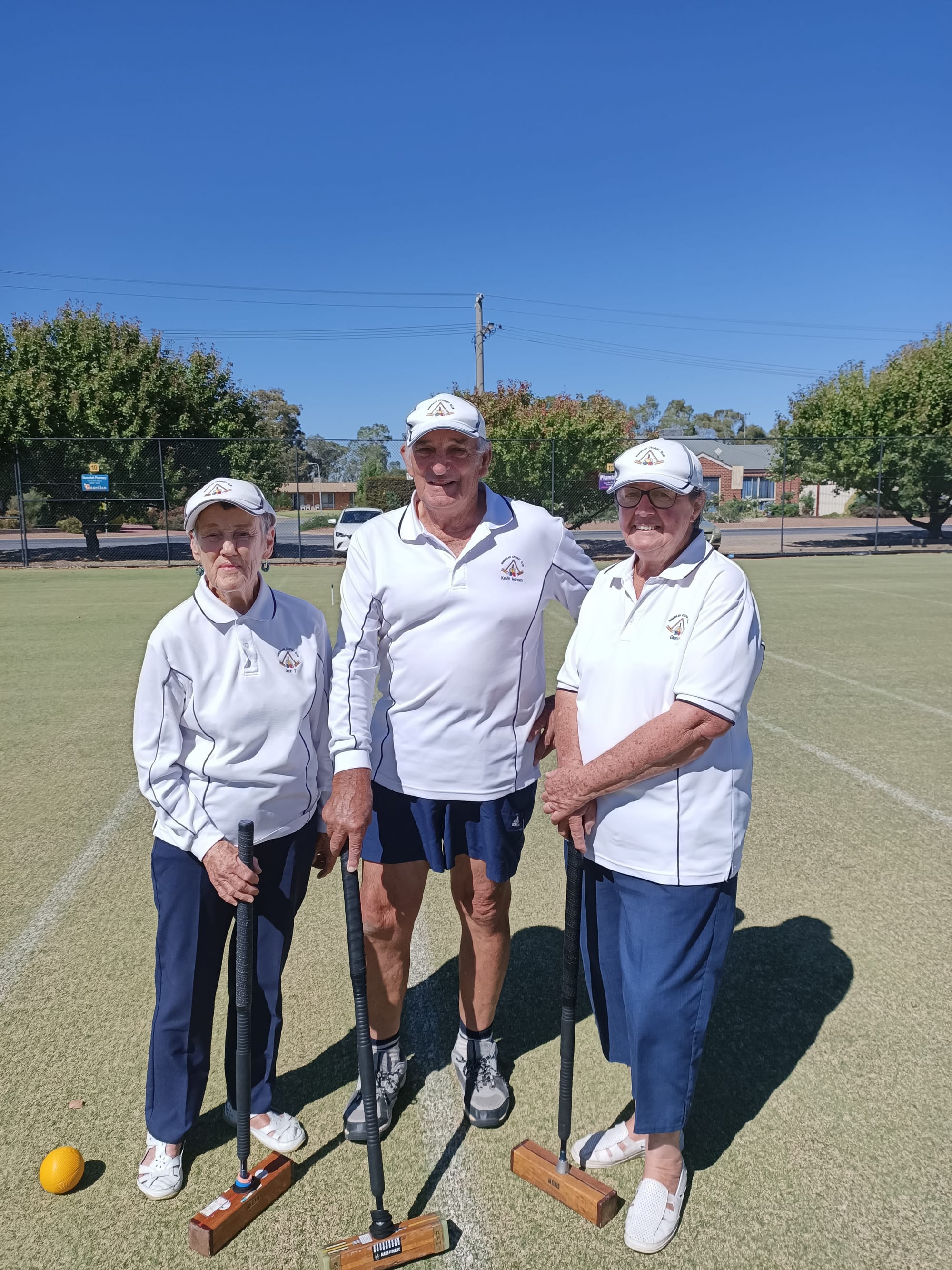 Croquet stars ... COVID restrictions delayed the crowning of Numurkah’s croquet club champions, but (from left) Joan T. Hansen (division three), Kevin Hansen (division one) and Glenys Londey (division two) recently took out the titles.  