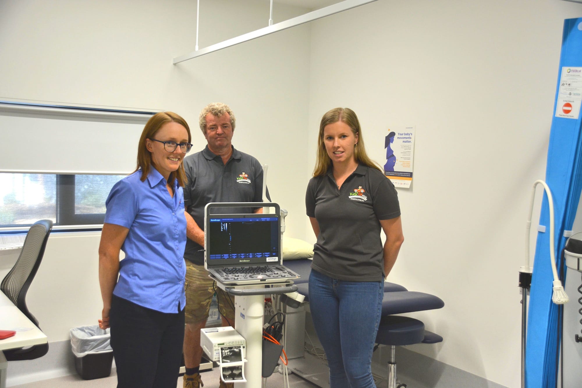 Gratefully accepted ... (From left): Catherine Church Interim Director of Clinical Services and local KidzFix members Fizz Mayberry and Kathryn Pryde, with the new portable ultrasound machine.