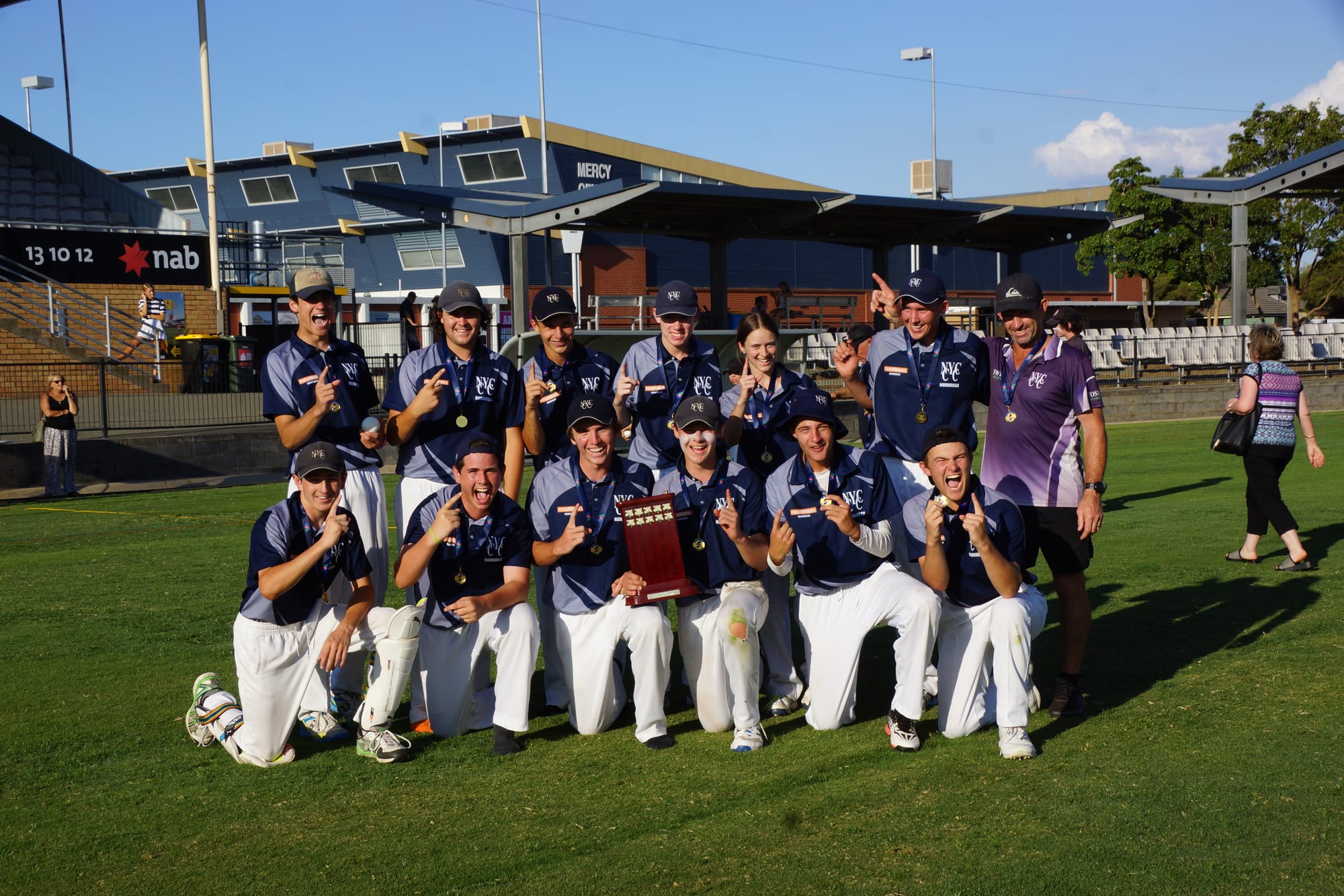 Ecstatic … The victorious team are all smiles after their win. Back row (from left): Dylan Craven, Dusty Ebborn, Dylan Baker, Tom Hughes, Jamieson Moore, Clayton Beer, Chris O’Dwyer (coach).
Front: Kade O’Dwyer, Cal Morris, Bailey Smith, Bailey Roberts, Hunter Verhoeven, Connor Sessions.
