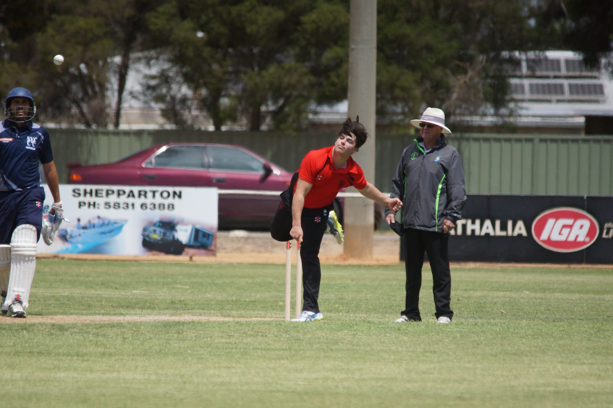 Toiling hard … Waaia’s Seb Moore sends down another delivery without success.
