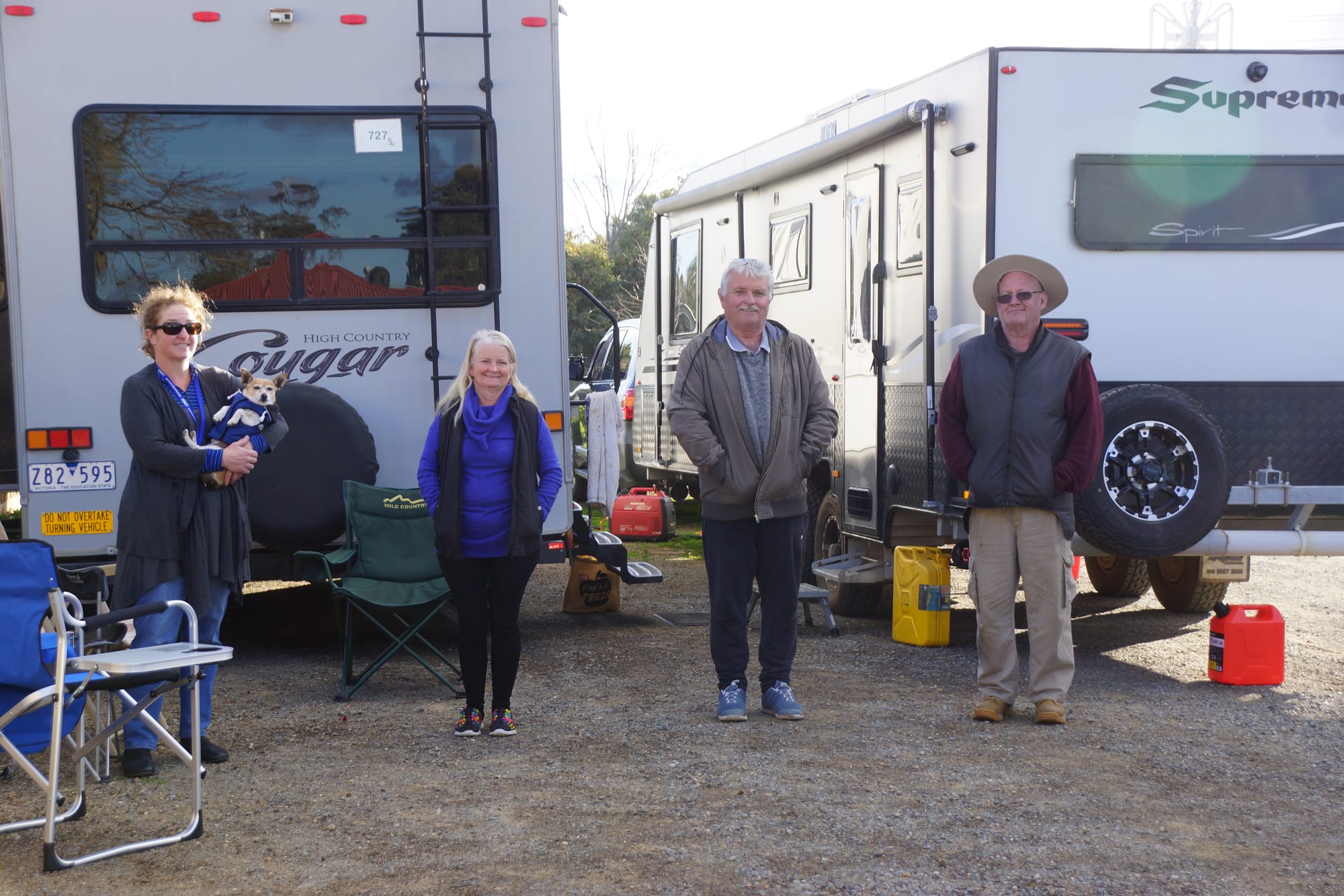 Happy campers ... Stranded in Victoria, these solo campers have taken up temporary residence in Wunghnu.