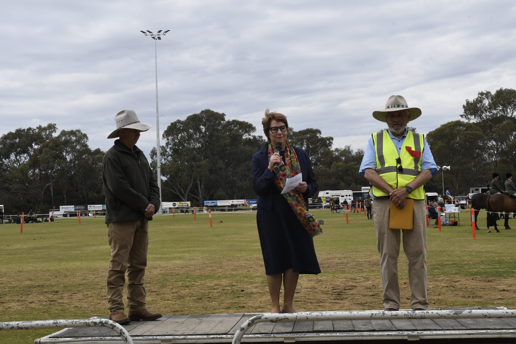 Official business... The 134th annual Numurkah show was officially opened at midday by Moira shire Administrator Suzanna Sheed, with the assistance of Agricultural Society President Stuart Cameron (left) and committee member Jeff Stanyer (right). 
