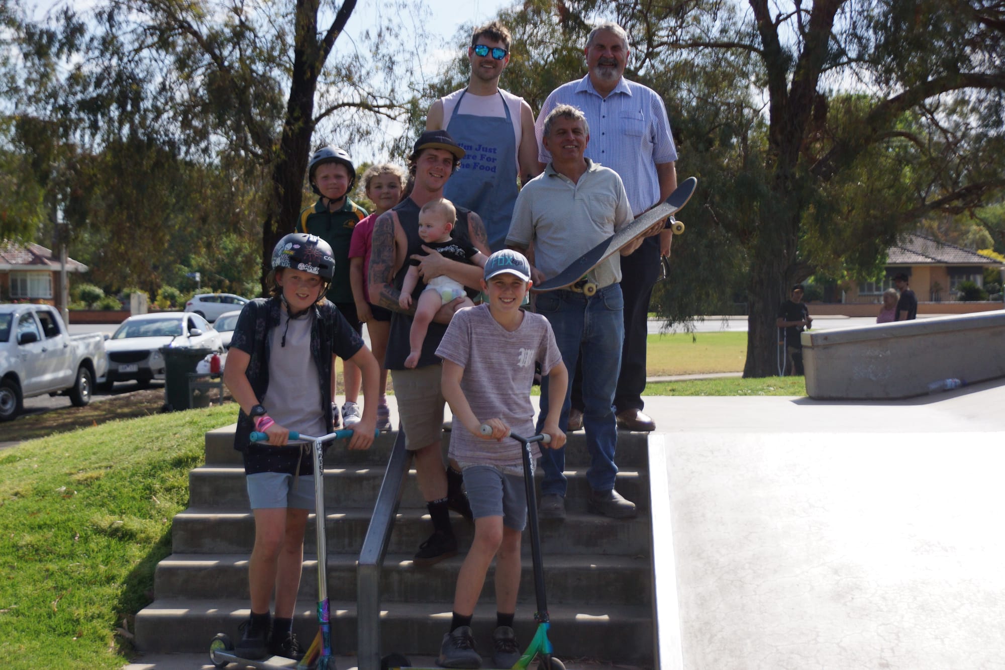 Ready to work together ... Back (from left): Josh McKenzie, Cr Gary Cleveland. Middle: Levi McKenzie, Addison McKenzie, Brent Setford holding Lucas Setford, Cr Libro Mustica. Front: Tom Masters and Nicholas Tickell. 