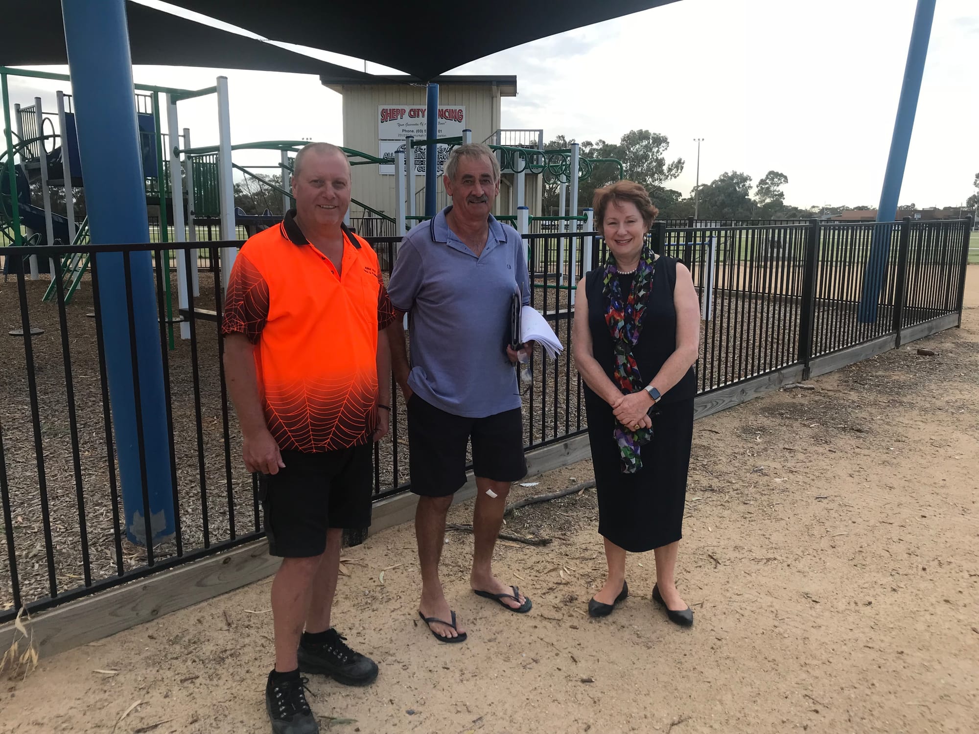 Seeking a political solution ... Cr John Beitzel and rec reserve groundsman Neil Hutchins invited MP Suzanna Sheed to come and see the corella problem for herself.
