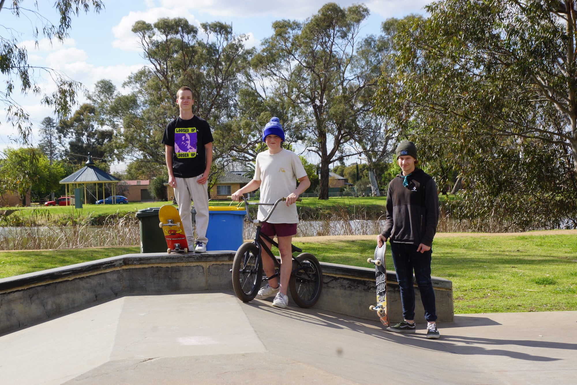 Free at last... Jackson Jenner, Tom Masters and Tristan Kelly finally take a break from online learning and enjoy some skatepark time. 