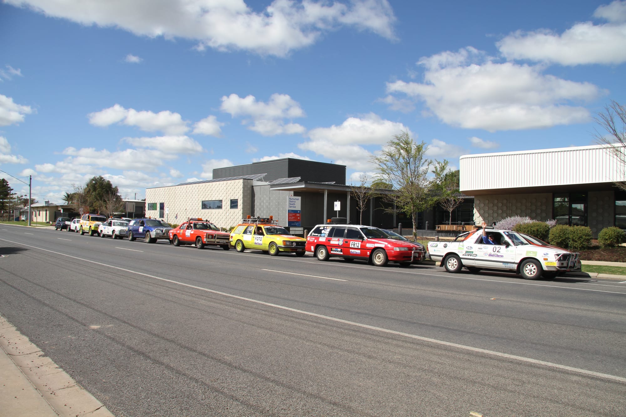 Kidzfix rally cars outside the Numurkah hospital.