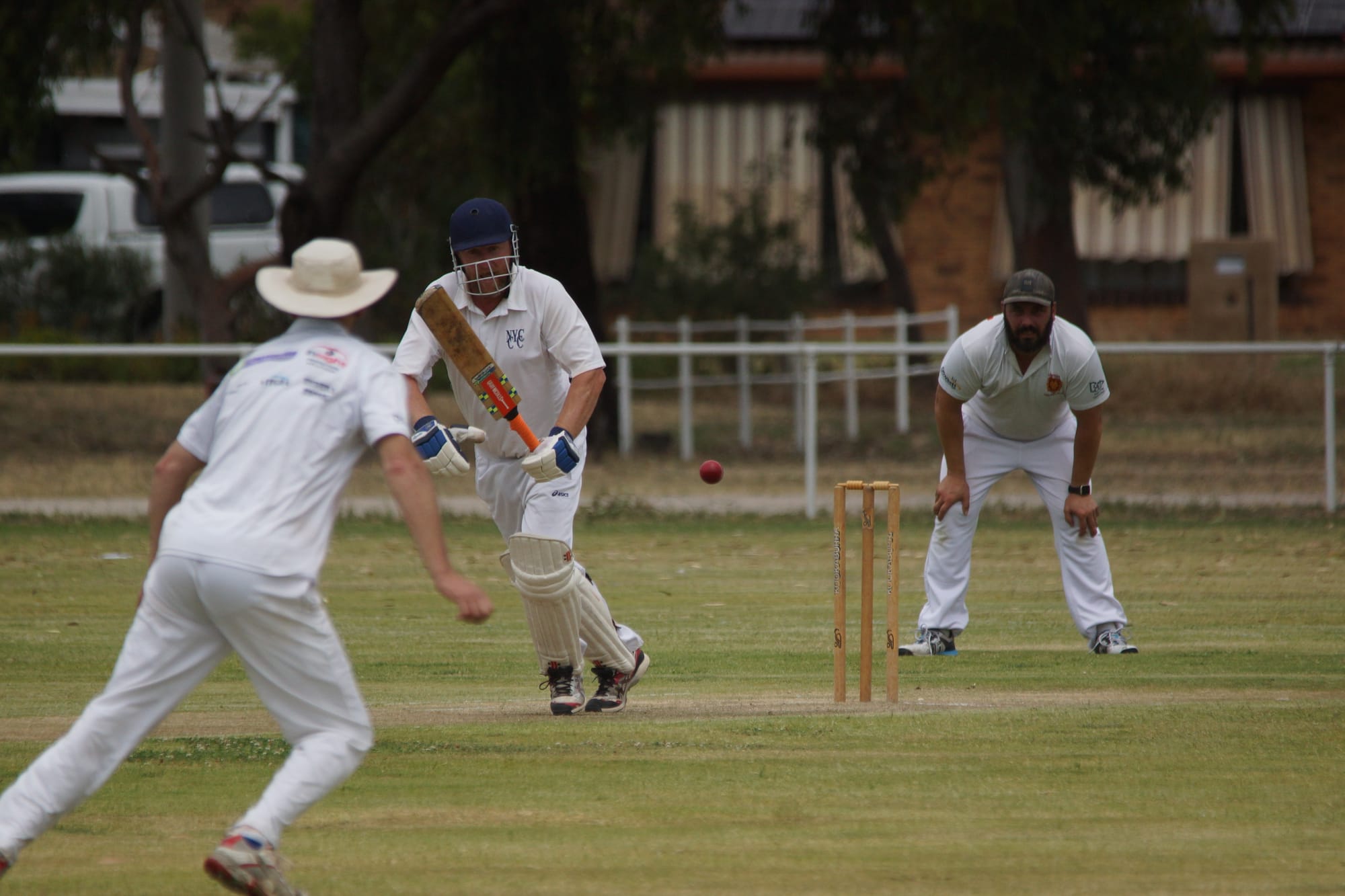 Drop and run ... Jason Verhoeven drops one into the leg side and takes off for a single. 