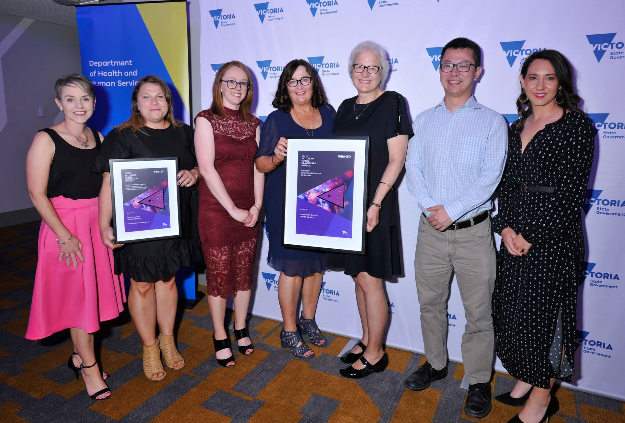 Winners are grinners ... (From left) Robyn Sprunt, Emma Knapp, Catherine Church, Wendy Ross, CEO Jacque Phillips, Dr Ka Chun Tse and Sheridan Davies were thrilled with the acknowledgement.