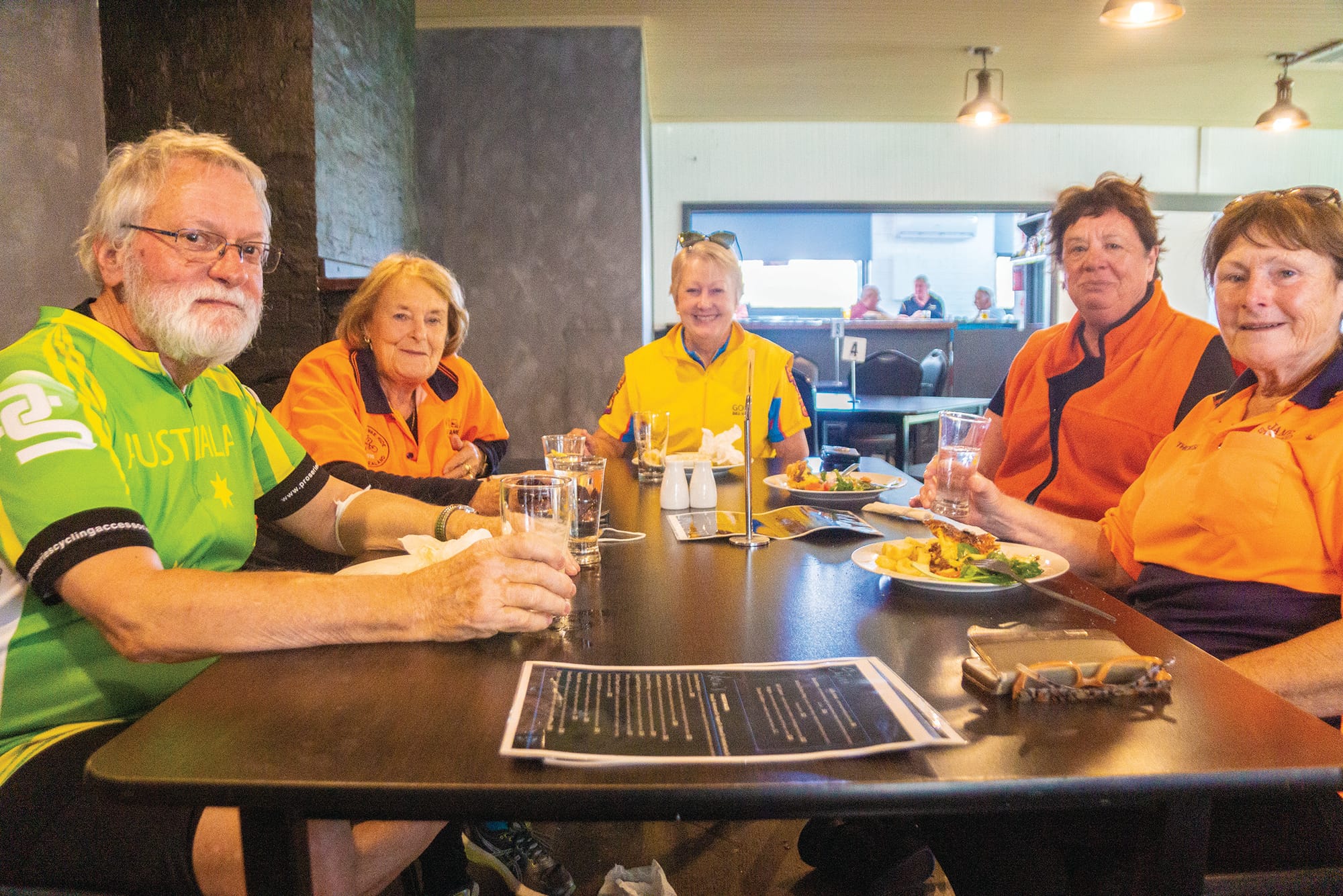Hard earned meal… (From left): Bruce Lees, Lorraine Robertson, Bunty Gundry, Rhonda McPherson and Therese Kogelman rode from Nathalia to have a meal at the Picola Hotel. 
