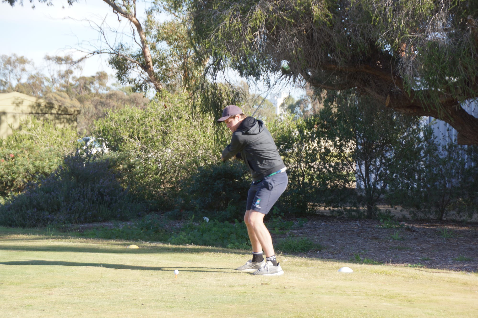 No creaking bones ... Matt Cline tees off on Saturday, going on to win the day’s competition by a country mile.