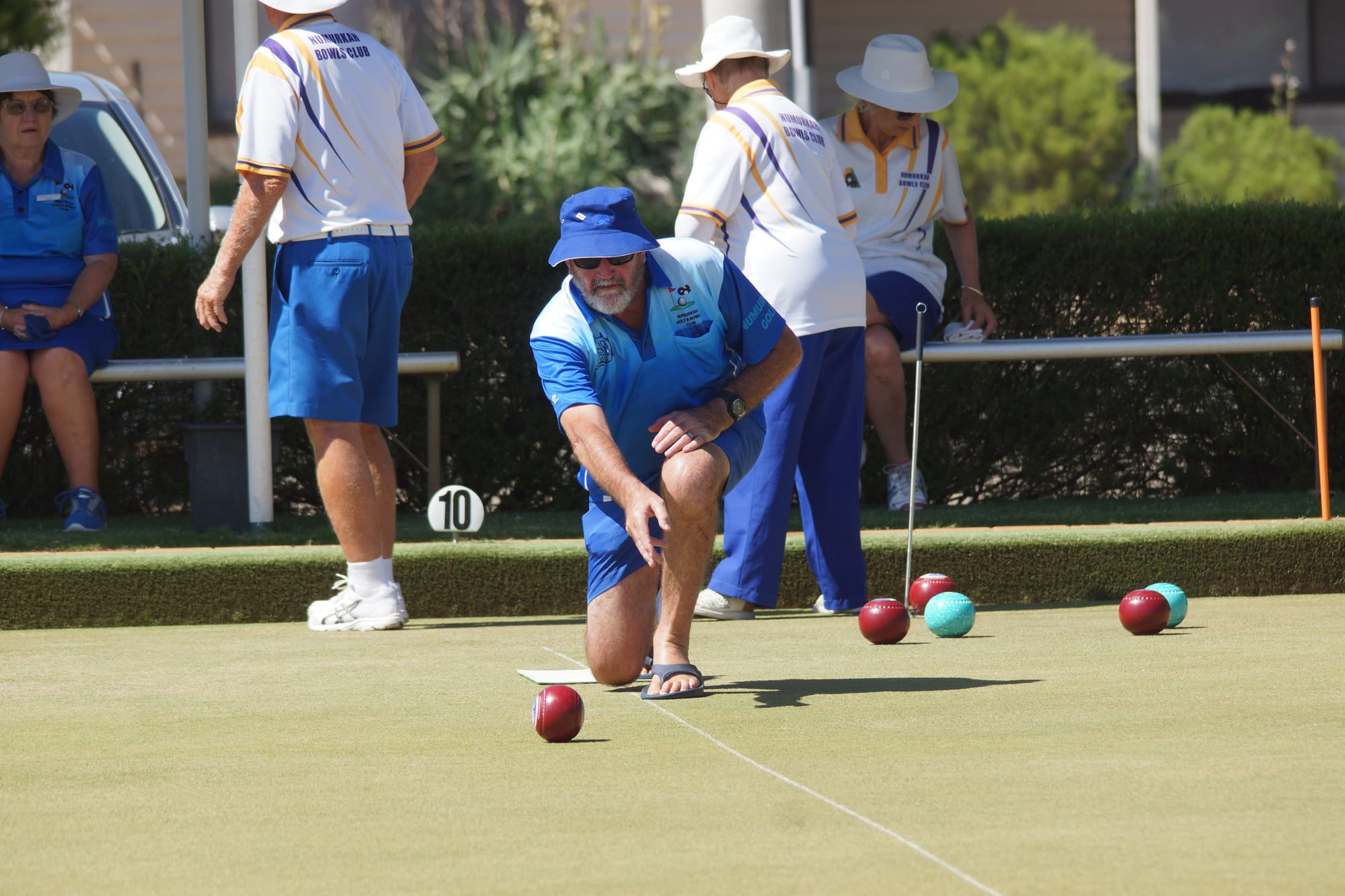 Mind the toes ... Jack Dell sends down a bowl during Numurkah Golf’s one shot loss to the Towners on Friday.
