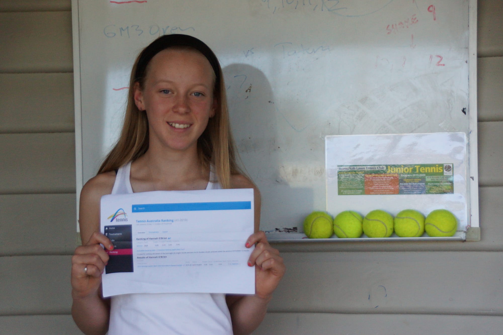 On her way ... Numurkah junior tennis talent Hannah O’Brien proudly displays her Tennis Australia ranking. 