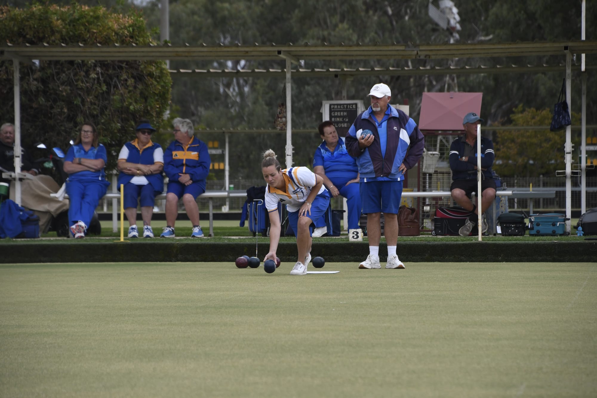 Tense battle ... Taylor Hills bowls as her rink goes head to head with that of Allan Newby.
