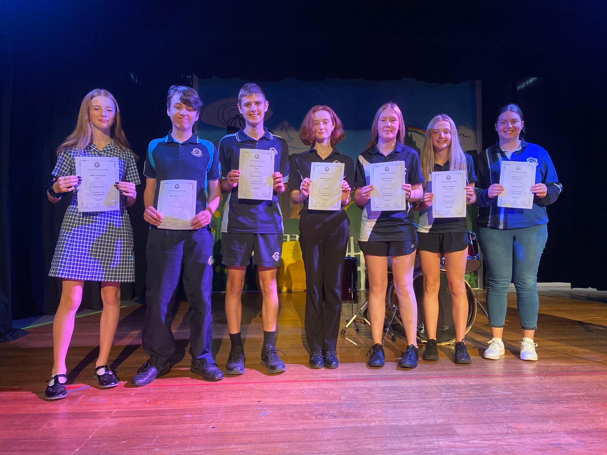 Math whizzes... Bridgett Brown, Hayden Deak, Jesse Wakemen, Zoe Hook, Emily Codiga, Paige Gilmour and Jessica Legge won their year level maths awards.