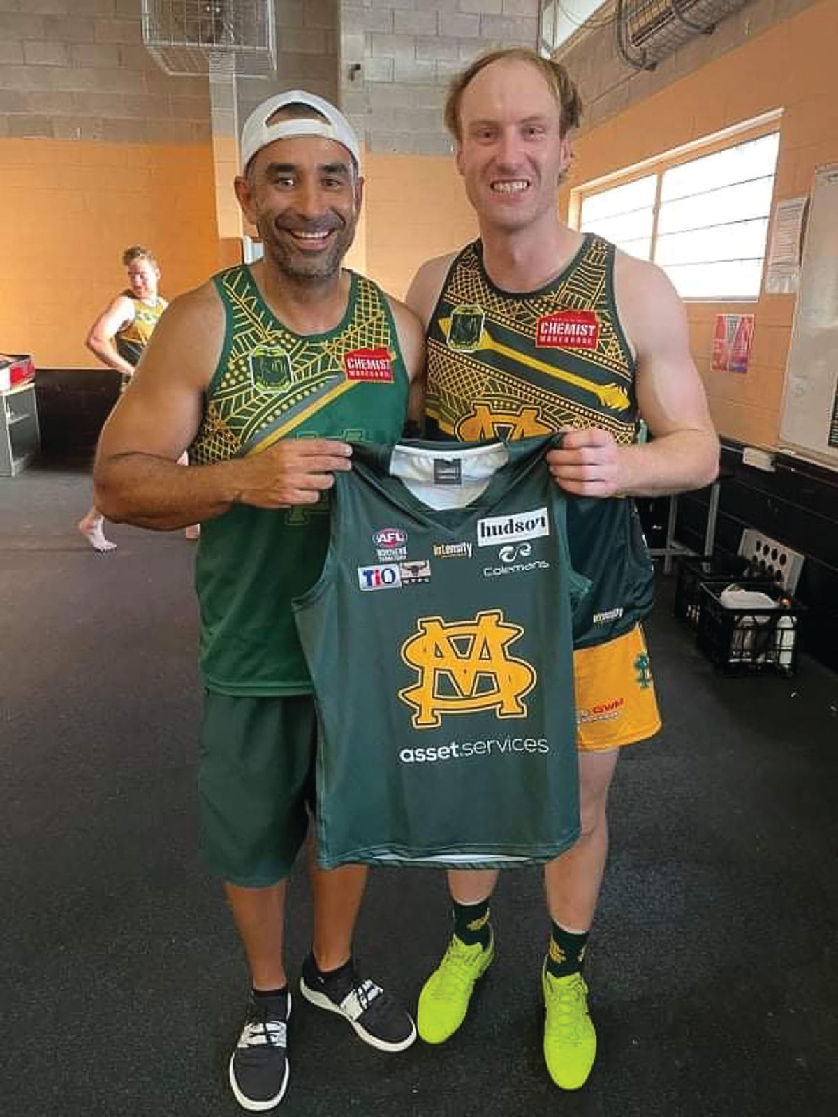 New recruit... Numurkah star Grant Gallus (right) with his new St Mary’s coach, Anthony Vallejo, before his first game. 
