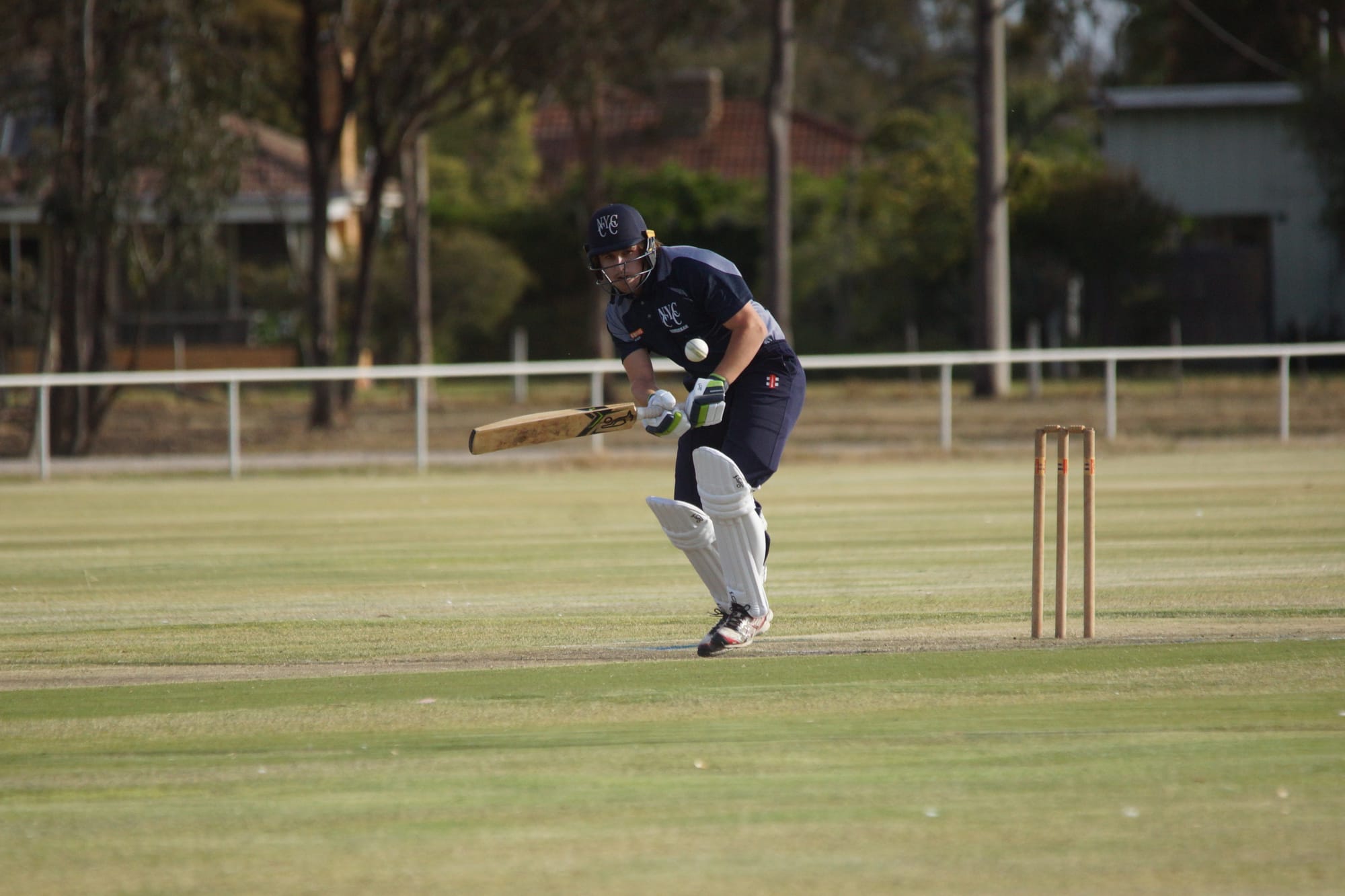 Picture of concentration ... James Pruden keeps a close on the ball during Numurkah’s T20 game last Thursday.
