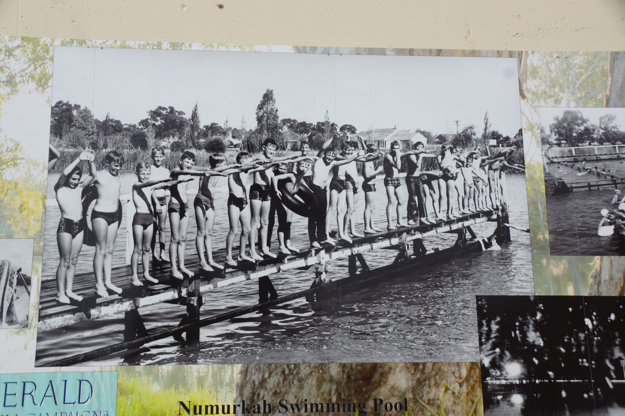 Last swim... This image shows local boys lining up for one final swim before the pool in the creek was decommissioned in 1968.
