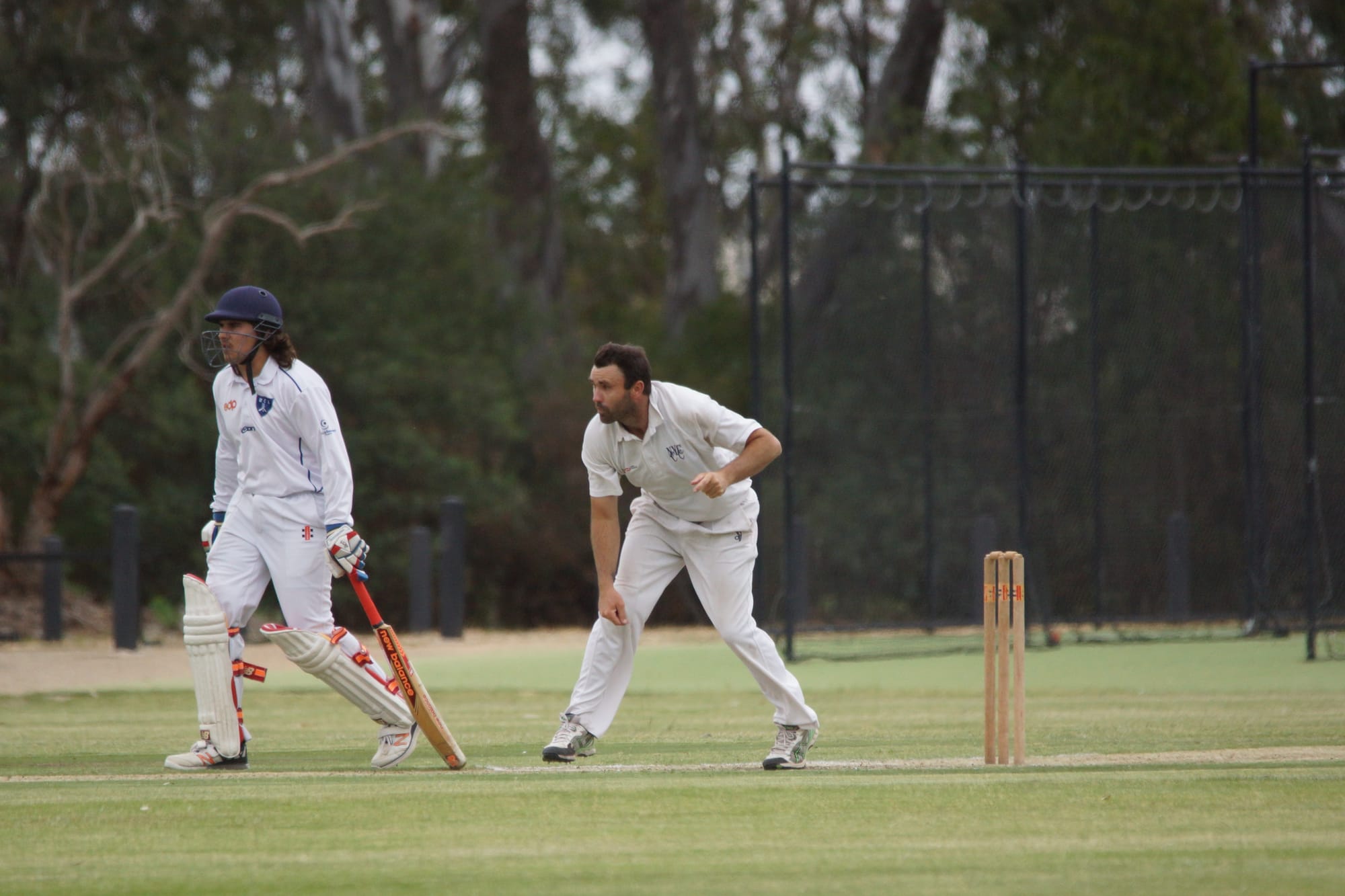 Watching the ball … Numurkah’s Shaun Downie keeps a close eye on the end result of this delivery.