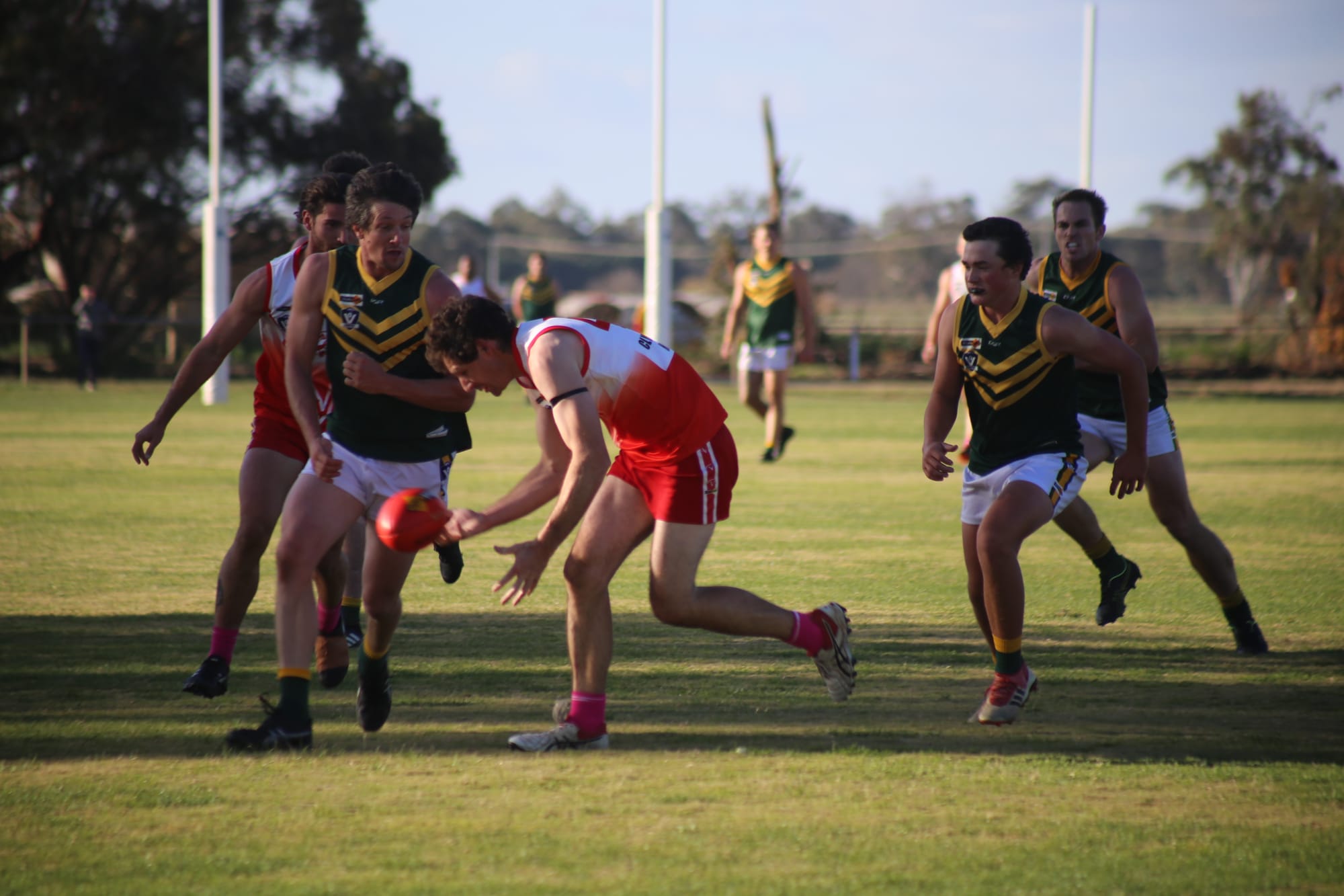 In pursuit ... Katunga’s Steve Few puts his head over the ball against Yarroweyah at the weekend. 
