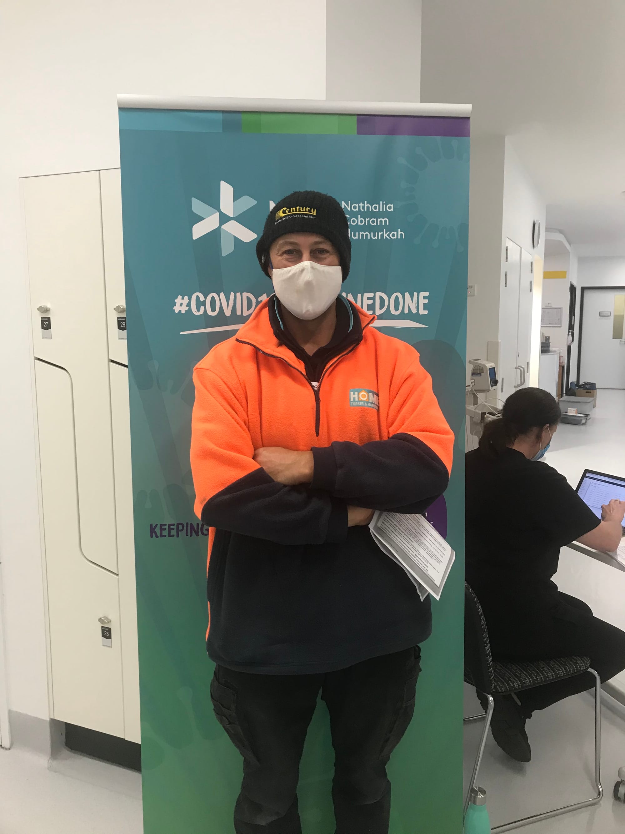 Jumping on the opportunity... Andrew Newham from Numurkah Home Timber and Hardware lines up for his Pfizer jab at the Numurkah pop-up clinic last week.
