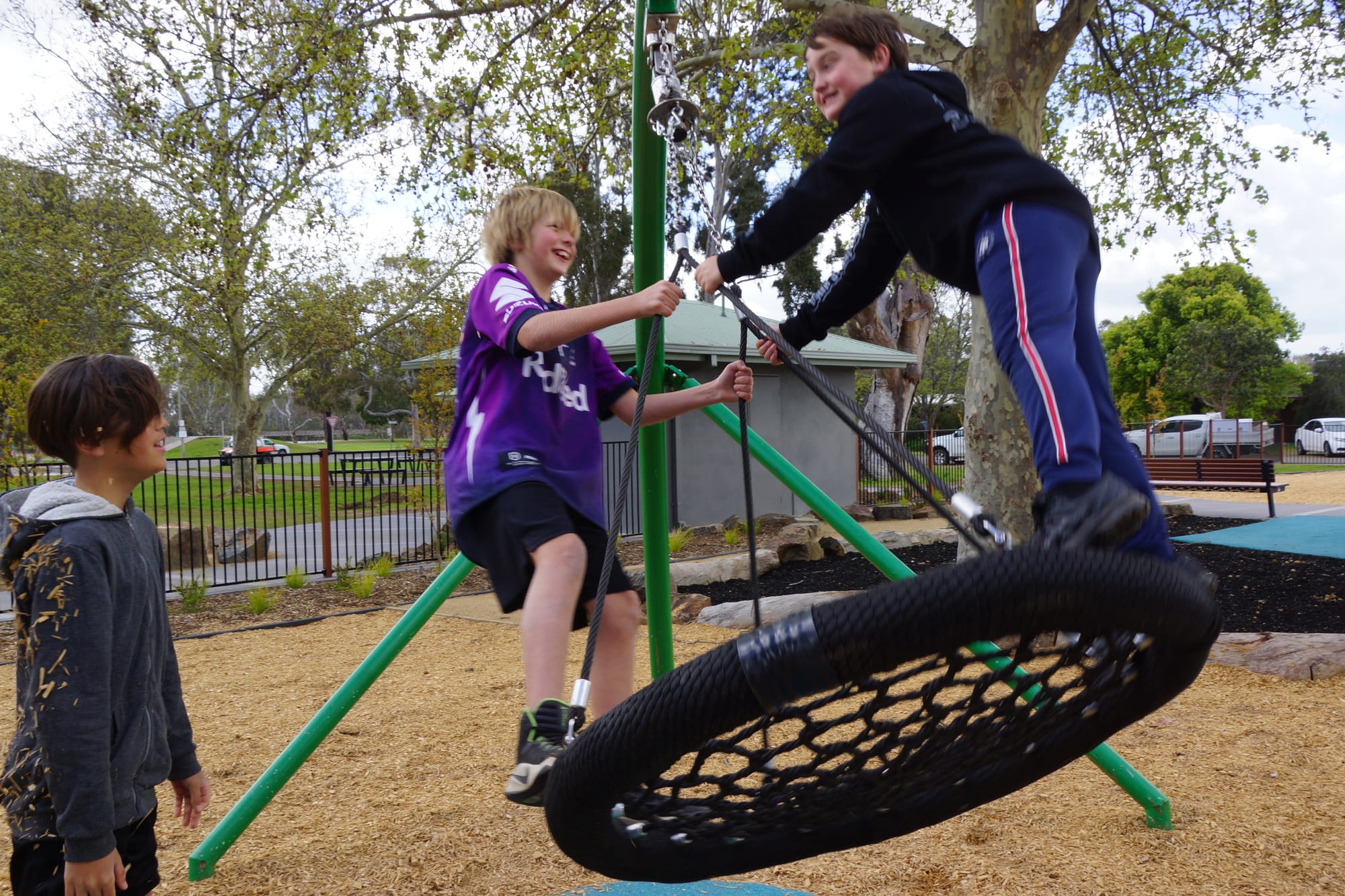 
Never too old... Saul Frost, Tyson Simpson and Tyler Bodsworth think the basket swing is awesome.

