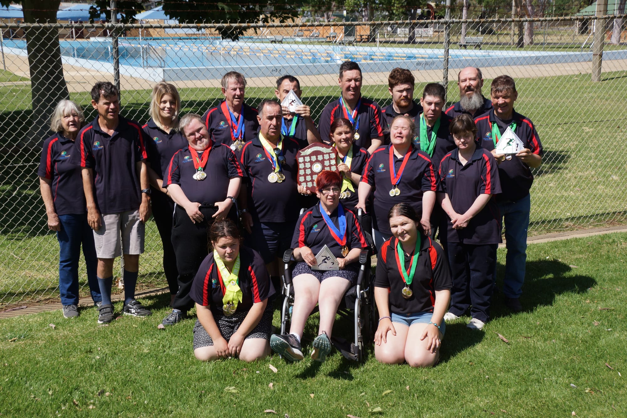 Winning team ... PALS Panthers (back row from left): coordinator Val Wakefield, Brendan Dunn, coordinator Shannon Casley, Bob Hanley, Cam Allert, Peter Clark, David Ryan, Raymond Bullen, coordinator Gary Pizzini. (Middle): Russell Higgins, Andy Allert, Nikki Pizzini, Melita Tremellen, Marg Ryan. (Front): Jess Grey, Robyn Greatorex, Kelly Waites.