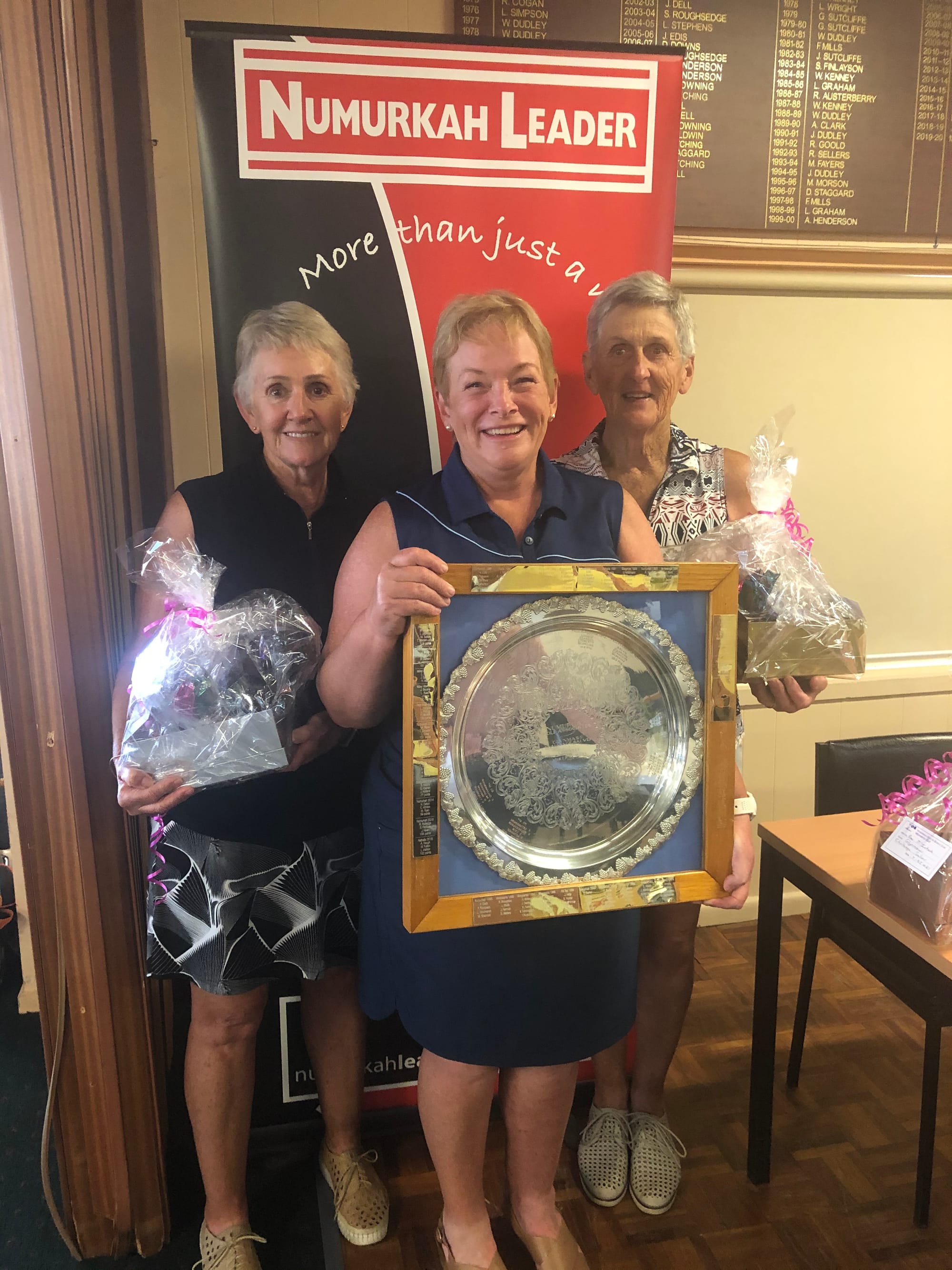 Top of the class … Jeanette Adams, Bev McIntosh and Lauris Ashton with the Numurkah Leader sponsored Faye Powell Glynmawr Salver on Friday.