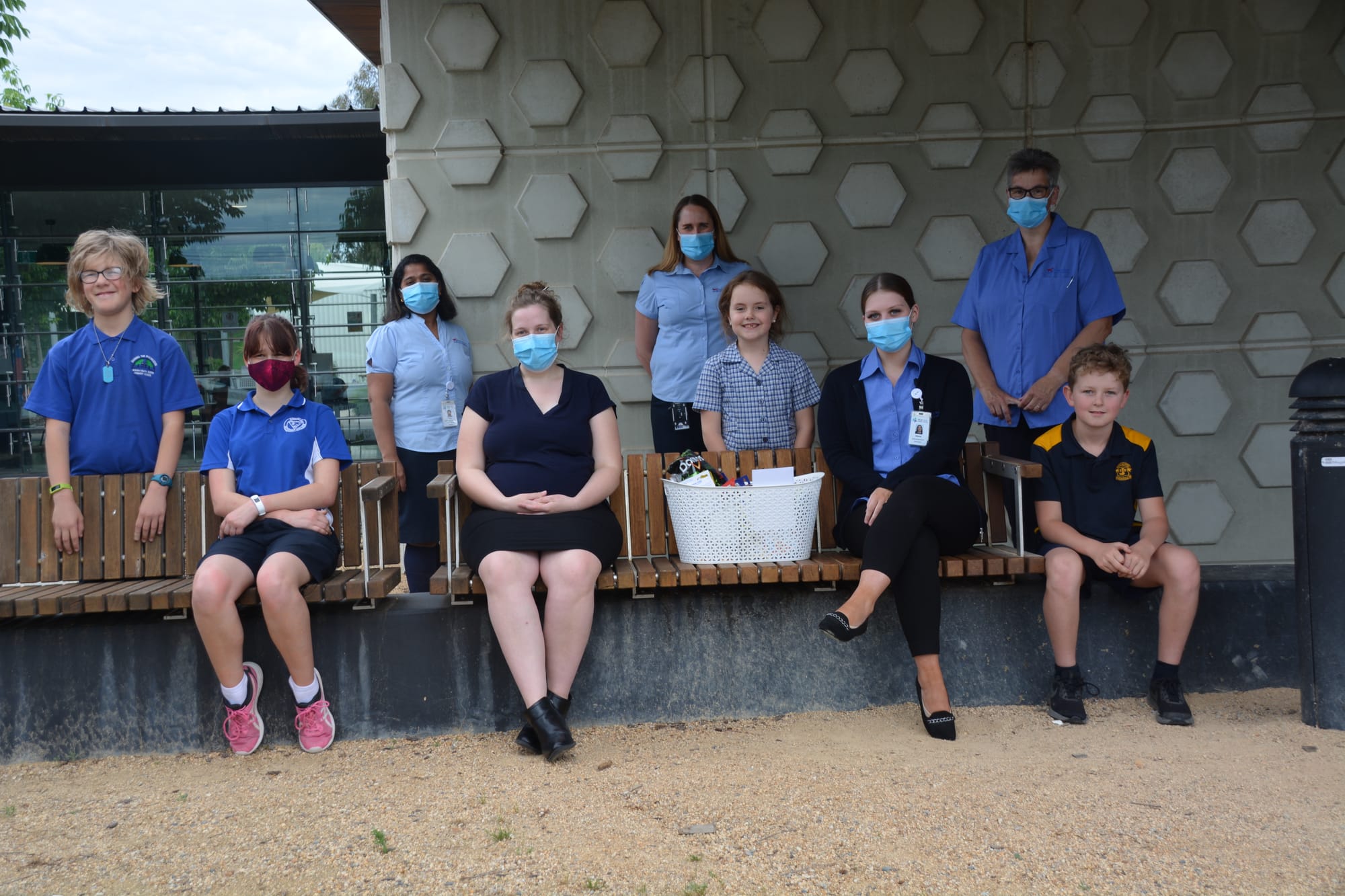 Feeling the love ... Tyler Nelson, Faith Nelson, Indi Rodda and Chase Rodda with staff at Numurkah hospital.  From left: Kimi Joseph, Kim Jackel, Naomi Hopkins, Kiarna McKinnon and Marjo Reijnen.