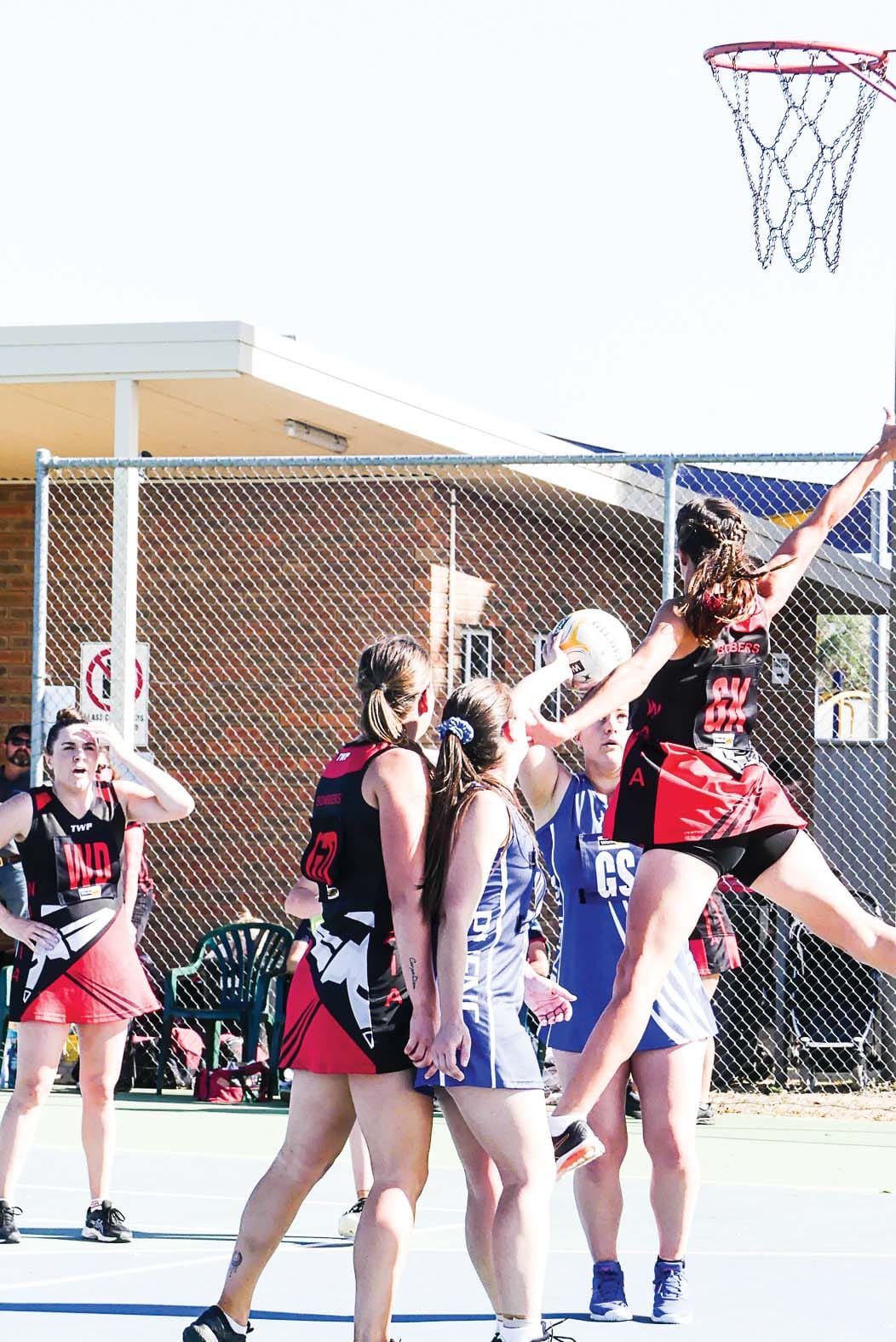 Airborne ... Waaia’s goal keeper can jump. 