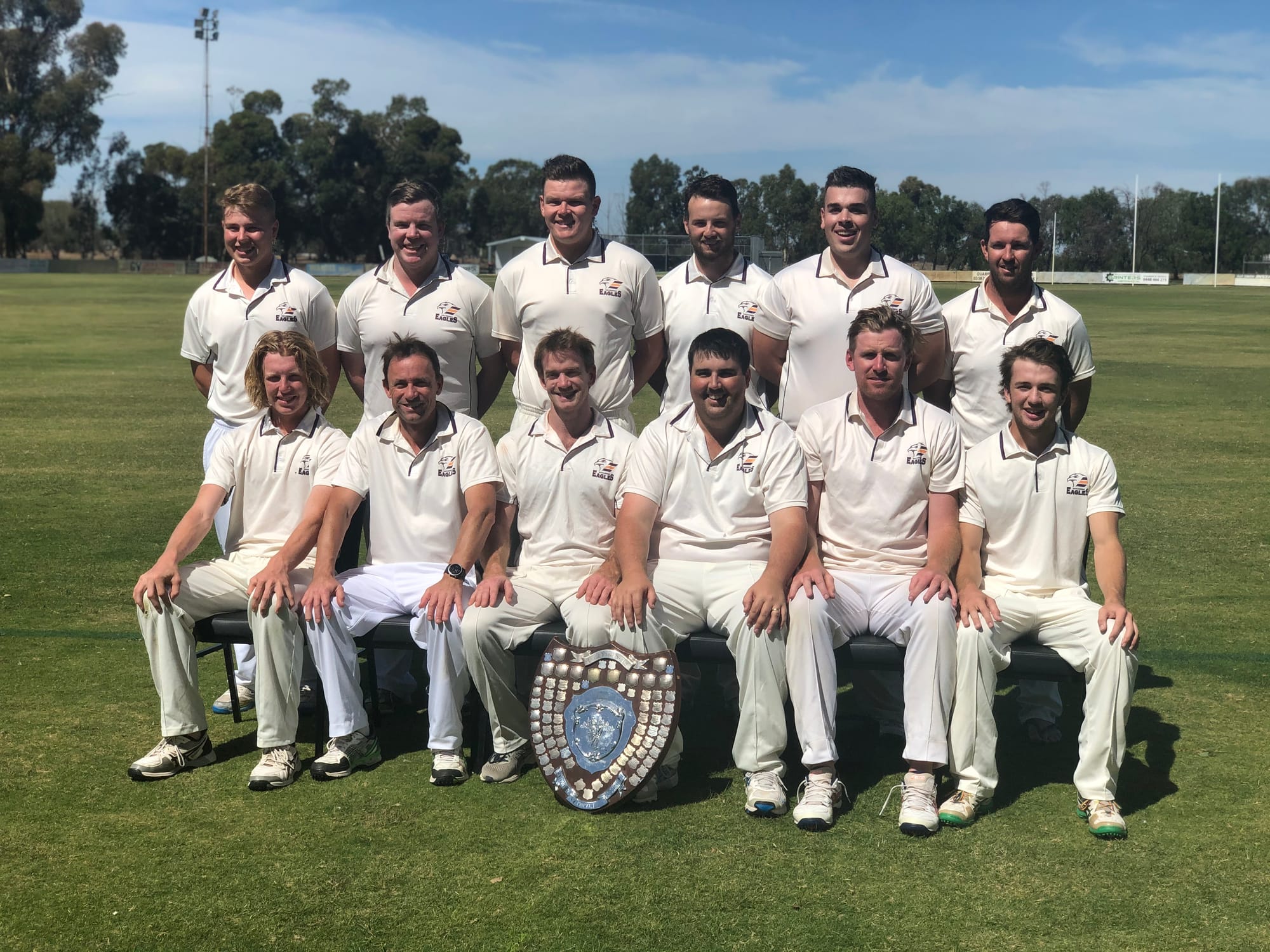 Premiership smiles … Katandra’s B grade premiership team. Back row (from left): Talon Wilson, Nick Minogue, Ryleigh Shannon, Scott Dickson, Karl Rosevear, Nathan Hickey.
Front row: Clay Simpson, Ross Hopkins, Ray Ireland, Andrew Nicholls, Josh McKinnon, Mitch Black.