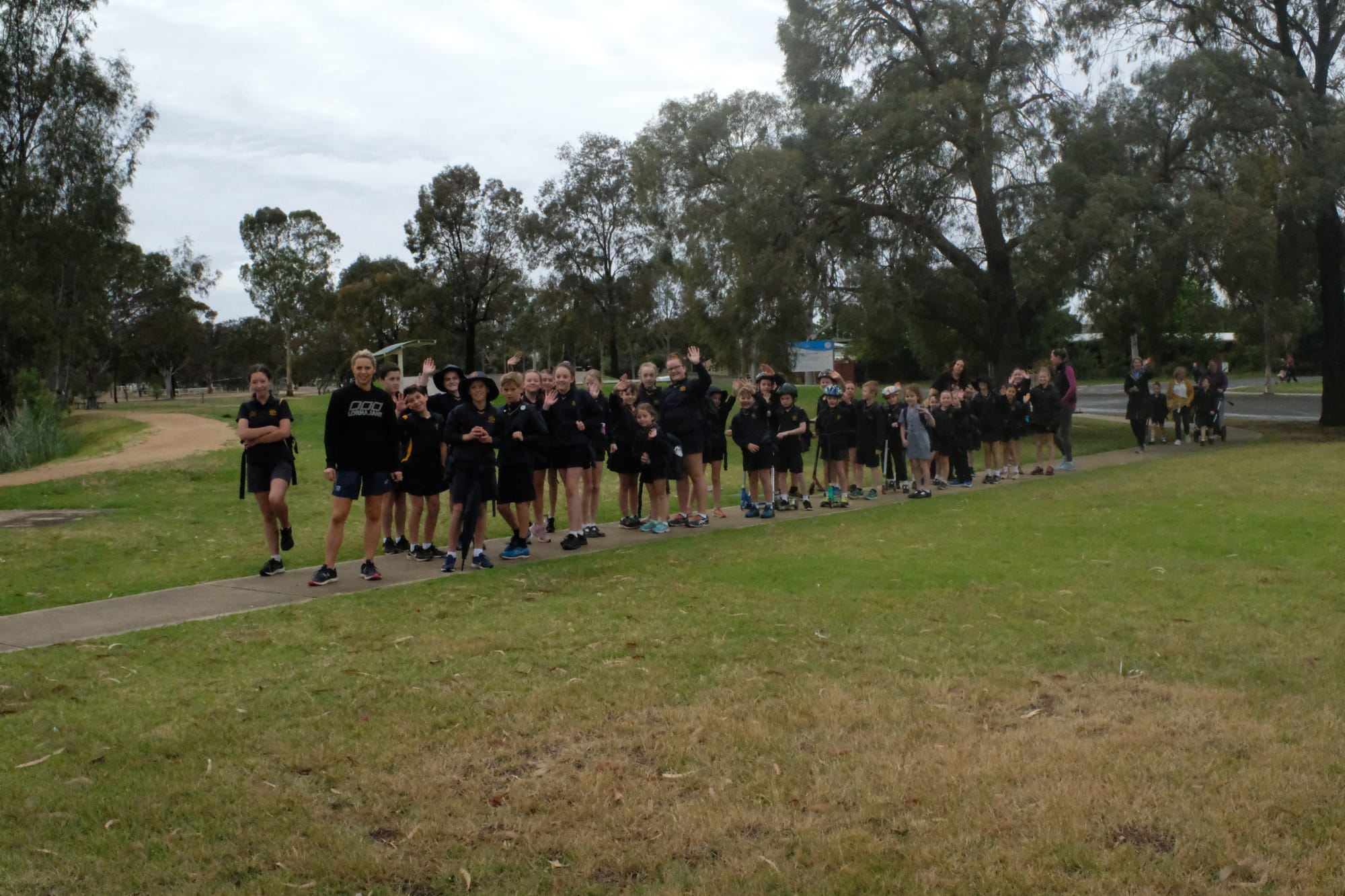 Walking bus ... Students joined the walking school bus from the south end of town. 