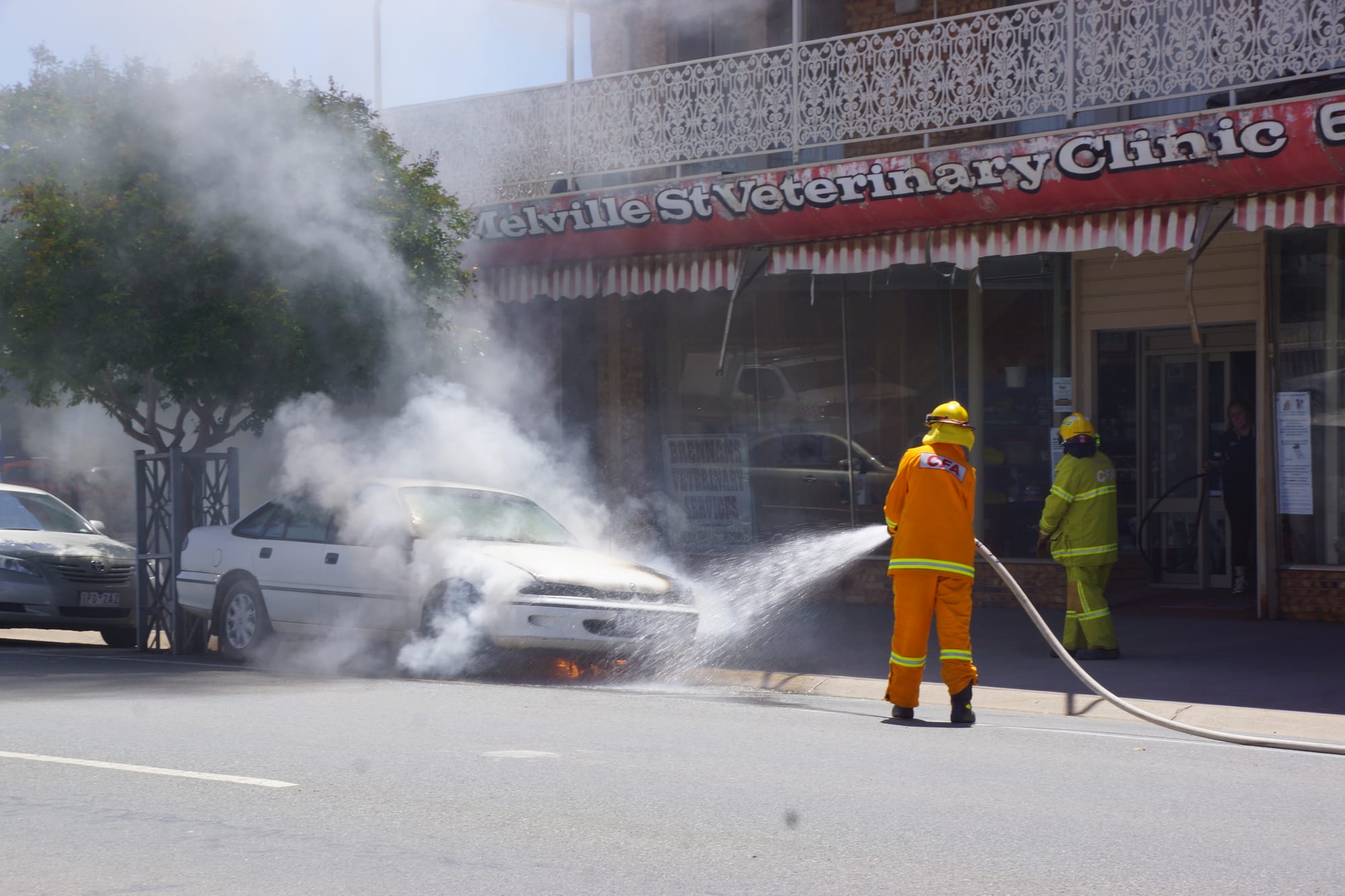 On fire... Flames started appearing from under the bonnet after the car had been smoking for around 15 minutes.
