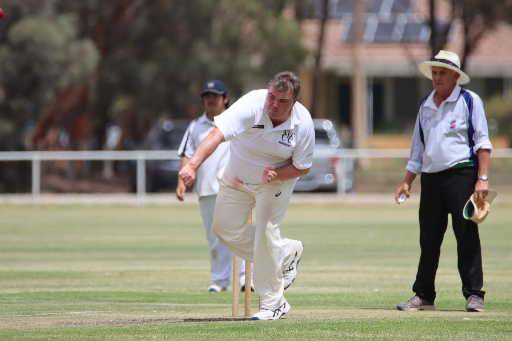 Hard work … Myles Martin delivers again in the heat, on his way to another two wickets.