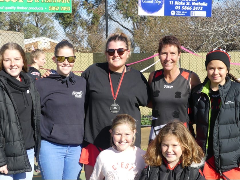 Medal winner ... Winner of the Jacqui Dietrich medallion Makenzie Sprunt (centre) with members of Jacqui’s family: Teashia Dietrich, Hollie Dietrich, Andrew Walker, Eloise Walker.
Front: Shaylee Dietrich and Lilly Walker.