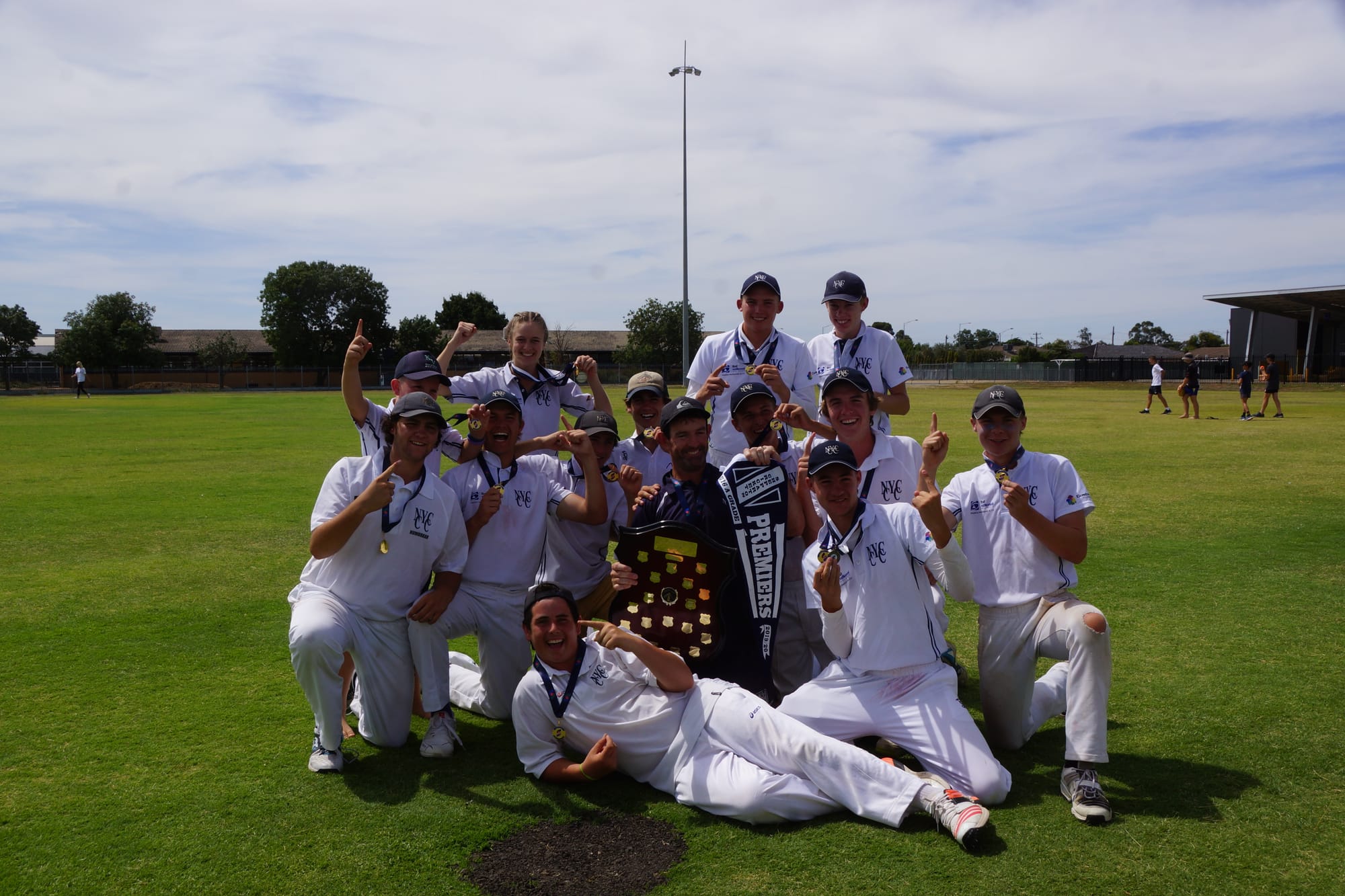 Coach pleasers … Under 16 premiership side: Back row: Nash Siermans, Jamieson Moore, Dylan Craven, Clayton Beer, Tommy Hughes.
Middle: Dusty Ebborn, Connor Sessions, Kade O’Dwyer, Chris O’Dwyer (coach), Dylan Baker, Bailey Smith, Bailey Roberts.
Front: Callum Morris, Hunter Verhoeven.