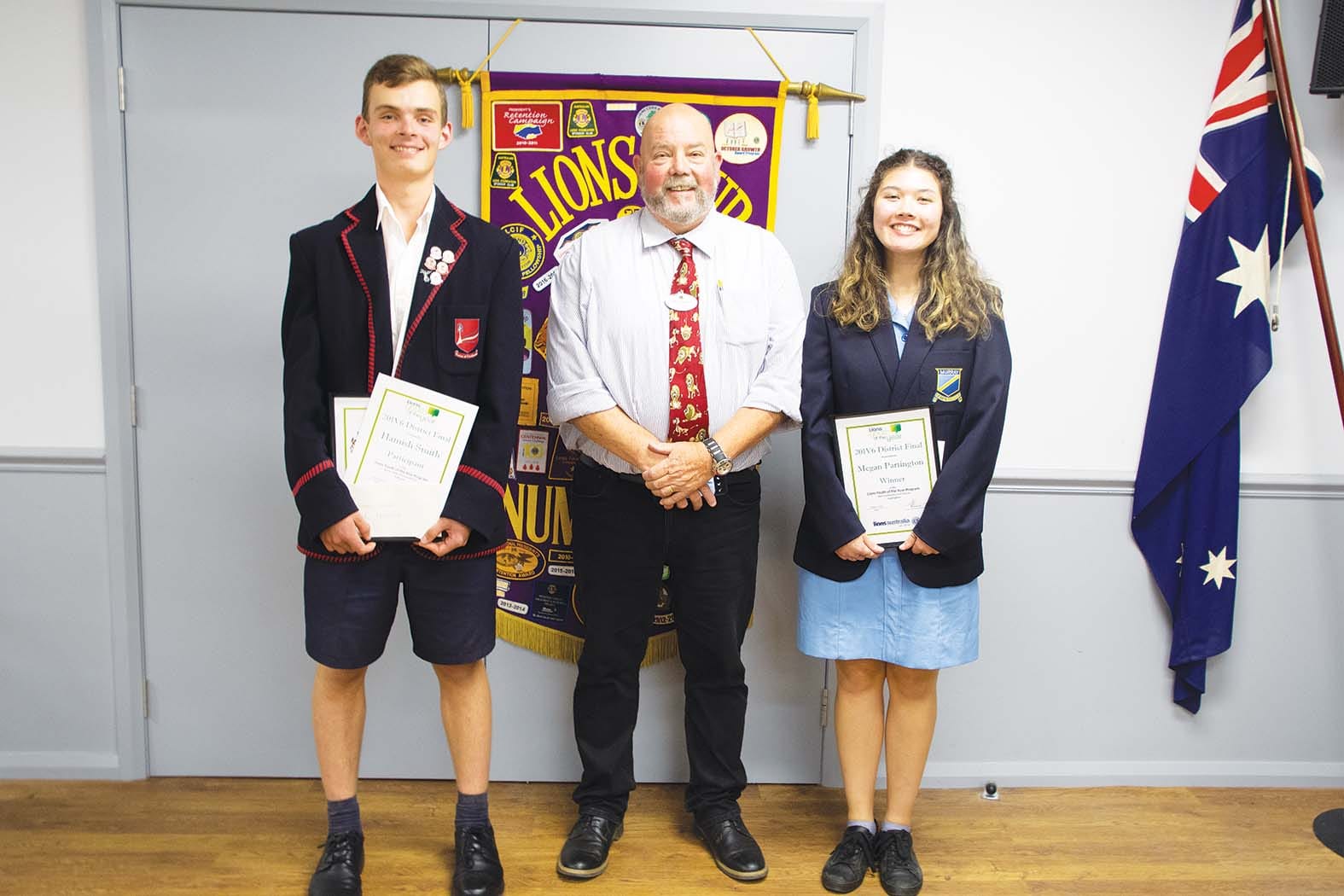 Well deserved winners ... Public speaking winner Hamish Smith and overall winner Megan Partington are congratulated by Mark Nordbye, who organised Sunday’s event on behalf of Numurkah Lions Club. 
