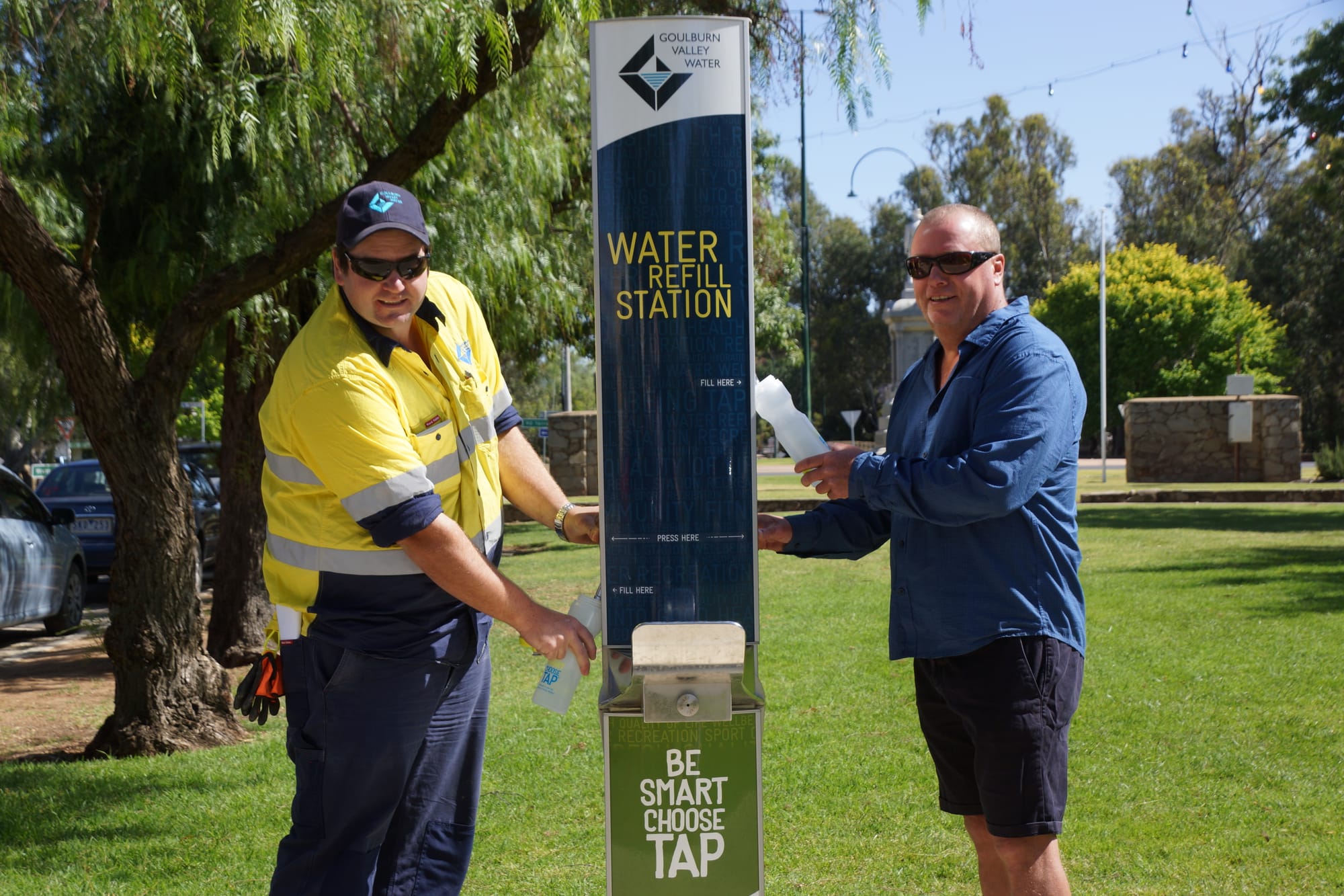 Filling up with the good stuff ... GVW’s Jack Dobinson and Moira Shire councillor John Beitzel fill their reusable bottles at the hydration station.