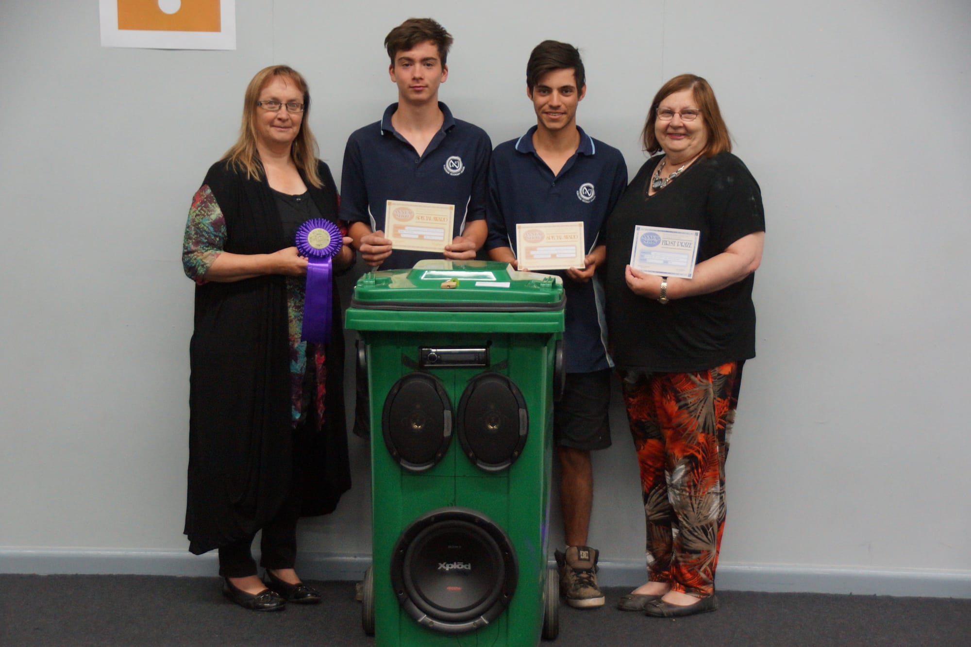Inaugural winners and donors ... Di Jorgensen, Kohl Considine, Joshua Grovers and Heather Morgan with the PA system the boys created and the awards. 