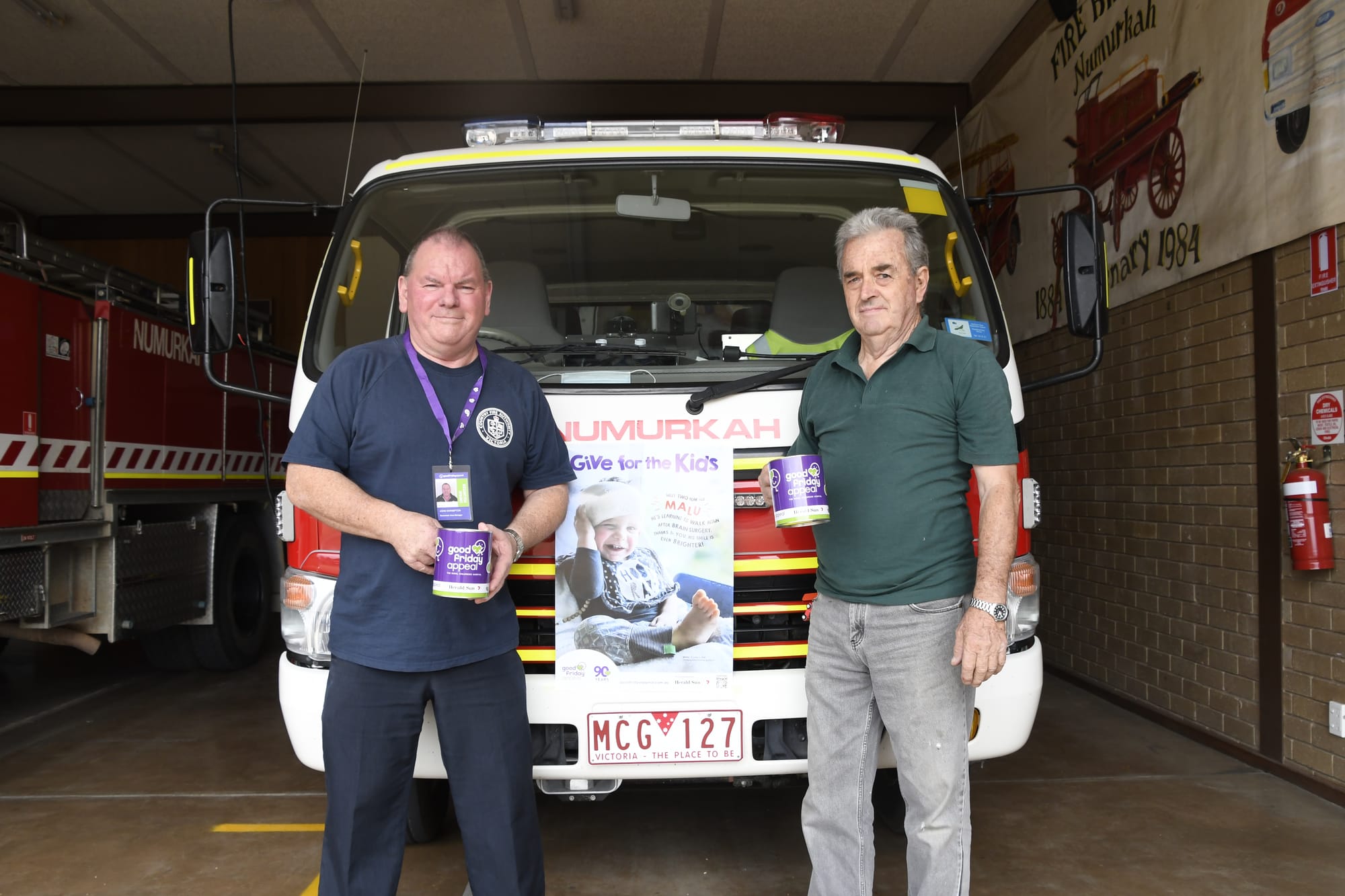 Back in business ... The Good Friday appeal will be back to normal this year, so John Shrimpton (left) and Peter Bilston from Numurkah CFA encourage everyone to donate. 