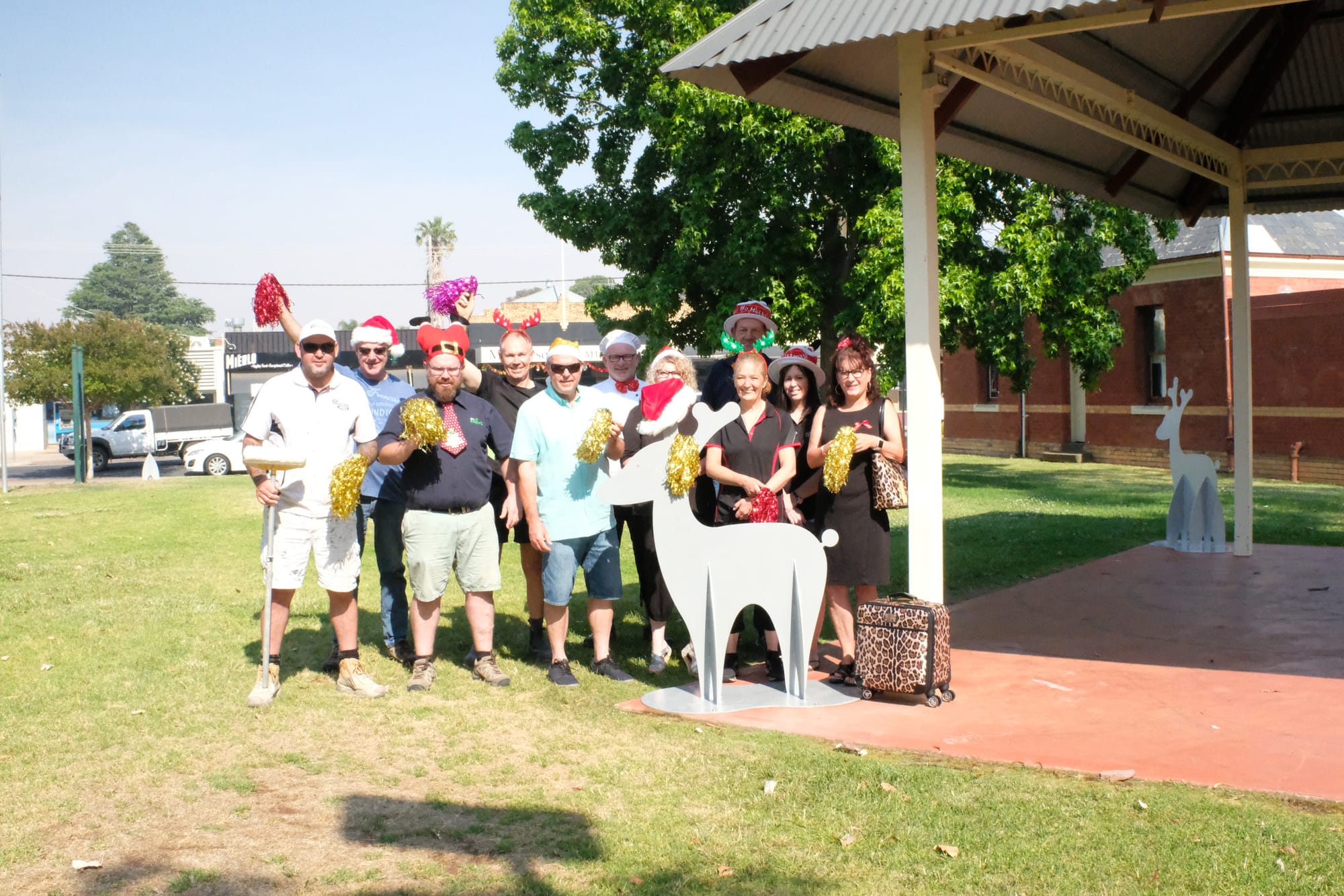 Numurkah tradies and retailers are encouraging shoppers to stay local for free parking, convenience and a relaxed atmosphere this Christmas ... Back row (from left): John Schaaf, Numurkah Hotel; Larry Seiter, Seiters Timber and Hardware; Les Bannon, Numurkah Bakery Cafe; Dave Jenkins, Numurkah Foodworks. Front row: Brad Tweed, Brad’s Painting; Brad Kerry, Numurkah Bottle-O, Duncan McPhersons, McPhersons Numurkah; Tracey Patullo, Magic Mirror Hairdressing; Vanessa Scott, Takeaway on Melville; Kerri McGraw, JSI Automotive, Sharon Taylor, Louis Hamon Amcal Pharmacy.