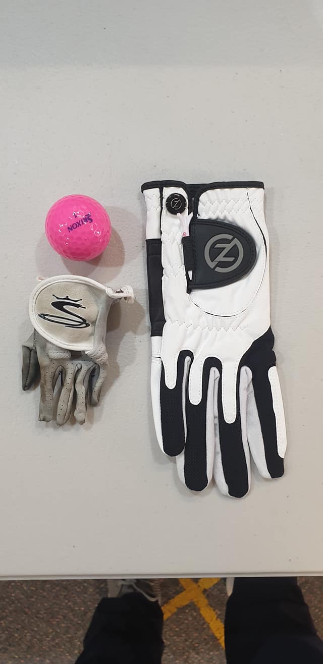 Shrinkie ... Ryan Sprunt’s glove, compared to a golf ball and a ‘normal’ golf glove. Ryan had to buy a new glove on Saturday after ‘successfully’ trying to shrink his glove to make it a better fit.