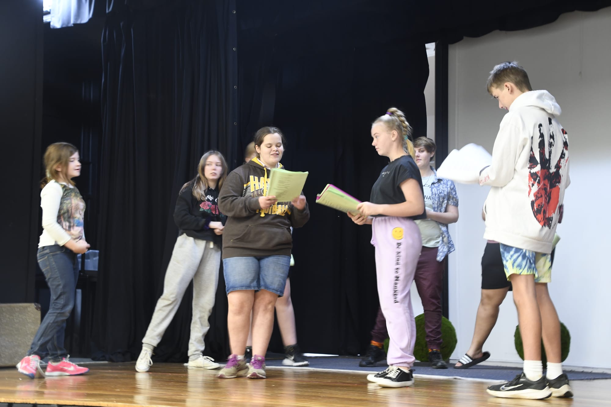 Hard at work ... Sophie Guy (left) and Rahni Lawless were practicing their lines on stage last Thursday. 
