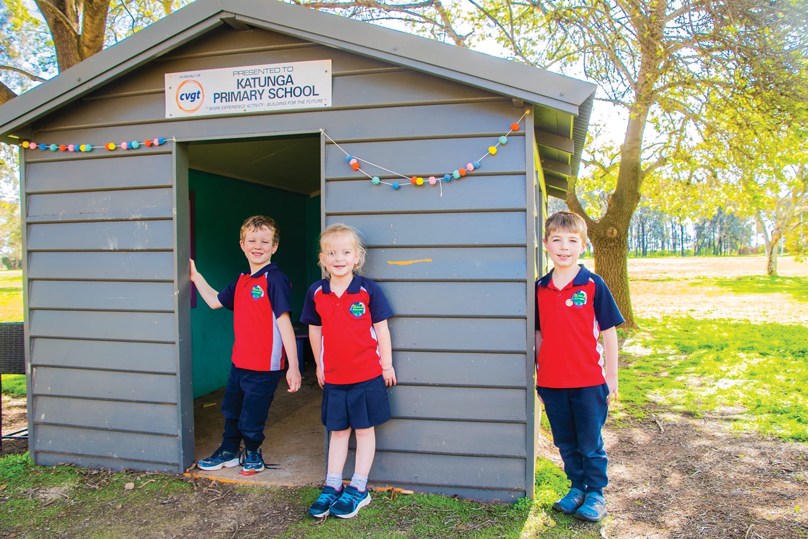 Fun in the cubby... It’s almost like a brand new cubby house for (from left) Bryce Stacpoole, Violet Brennan and Ryder Harris.
