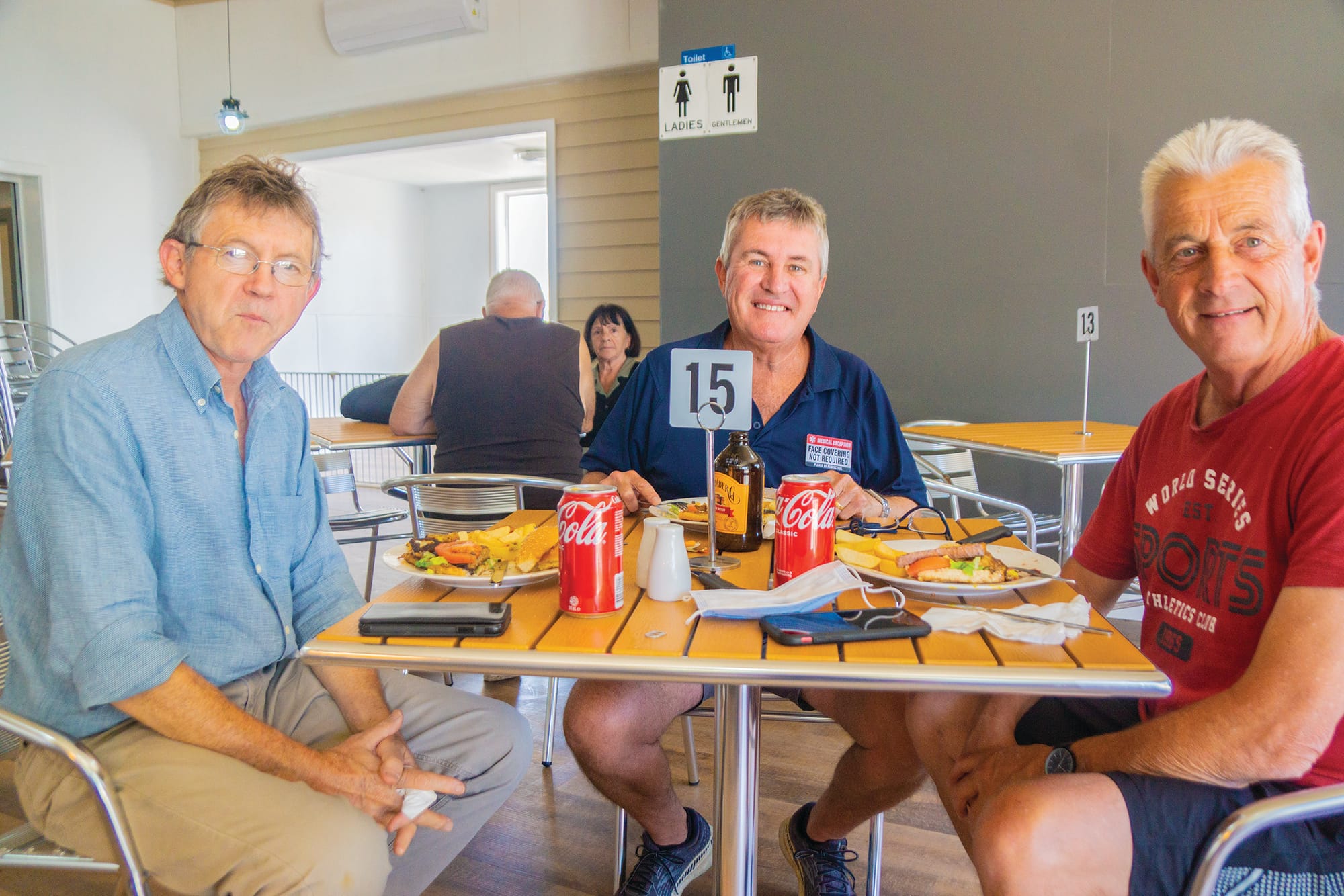 Having a look… (From left): Bernie Altmann, John Battye and Craig Beck came from Echuca for a meal on opening day. 
