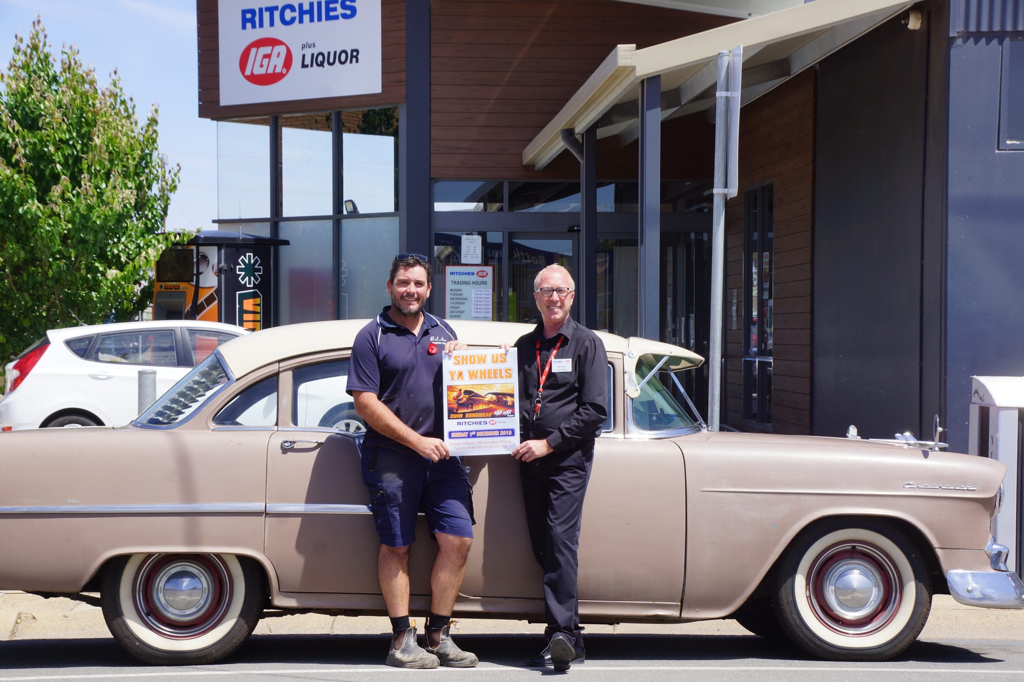 Show Us Ya Support ... Show Us Ya Wheels committee member Wayne Hooker and Richie’s IGA manager Brendan Rowney are both revved up for this year’s event.