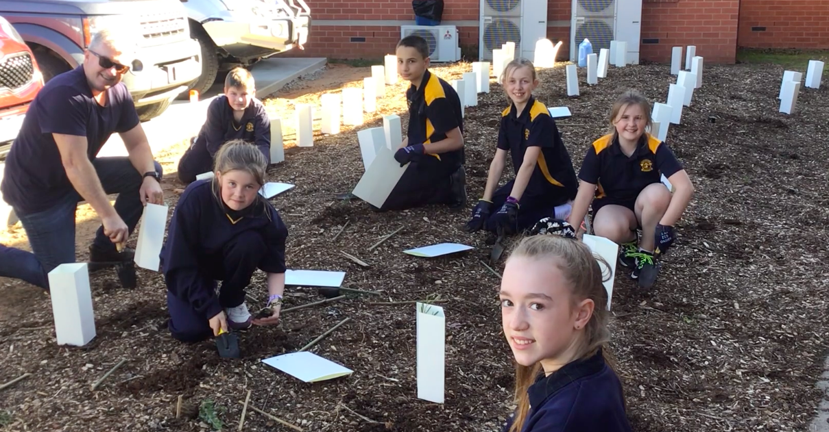 Planting the future ... (From left): St Joseph’s Primary School Principal Paul Arnel, Kiarna Arnold, Zac Walter, Alex Hangan, Matilda Bannon, Rebecca Retallick and Skye Gundrill take part in Schools Tree Day. 
