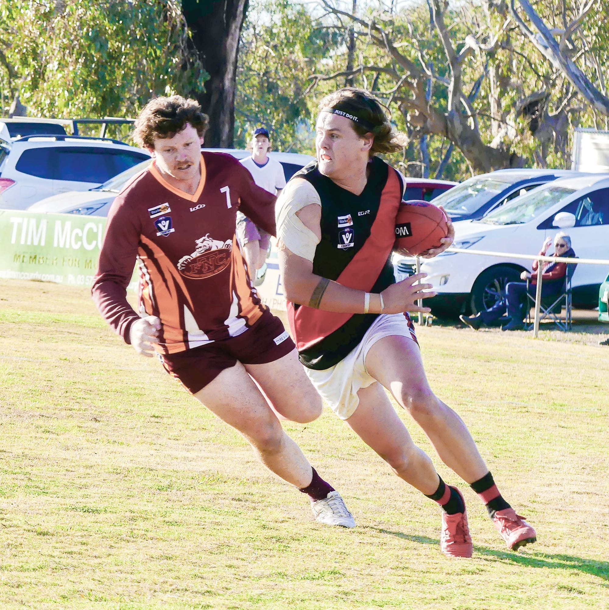 Catch me if you can ... Brayden Summerville bursts away from a would-be tackler. 