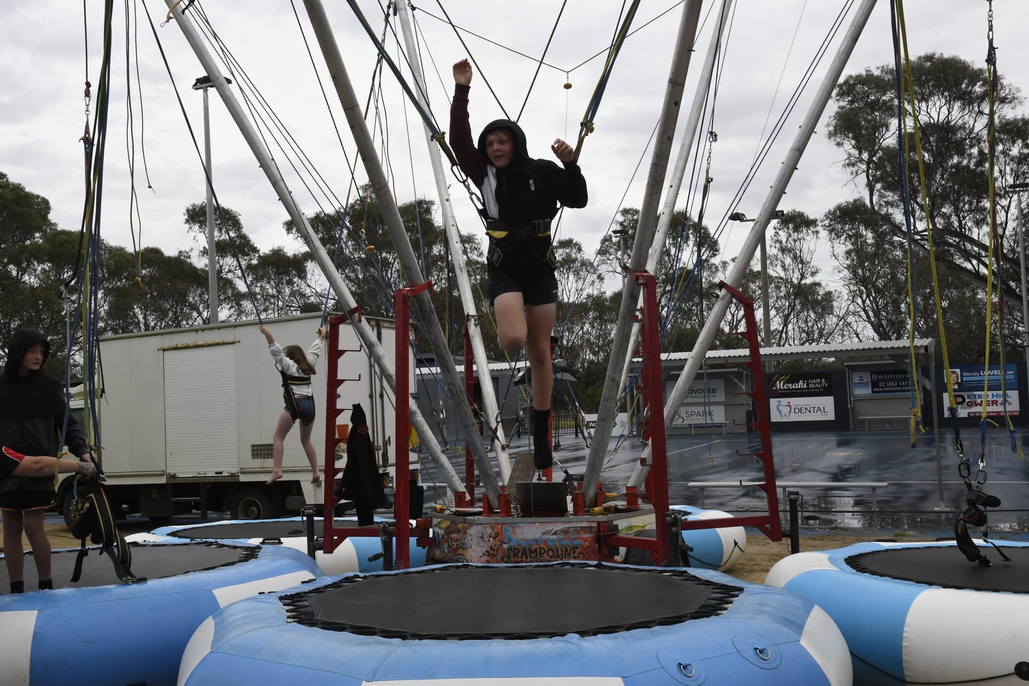 How high can you go... Levi had a ball showing his moves on the bungee trampoline as his mates egged him on. 