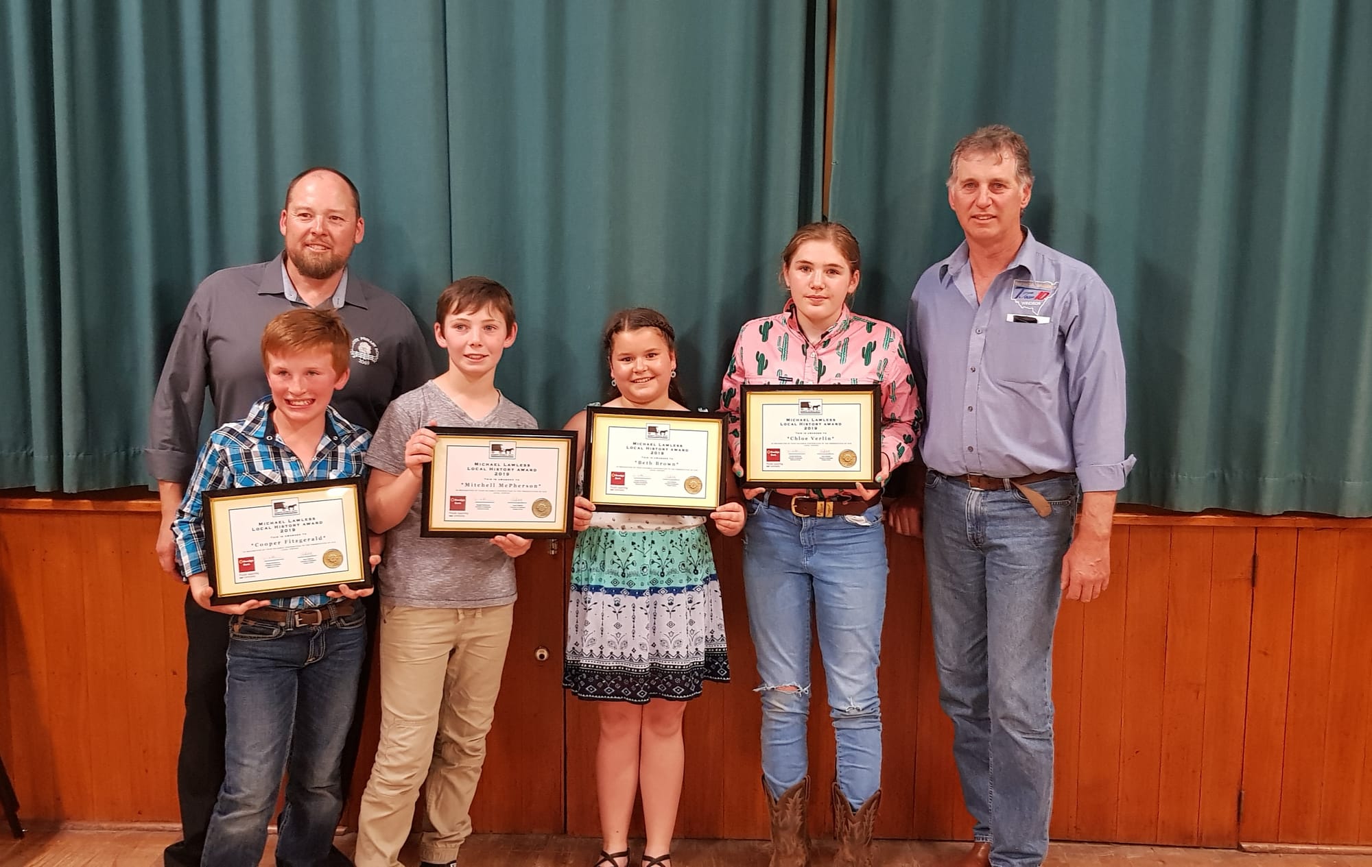 History stars ... (From left): Katamatite School Principal Jason Whitely, Cooper Fitzgerald, Mitchell McPherson, Beth Brown, Chloe Verlin and Katamatite Historical Society president Don McPherson.