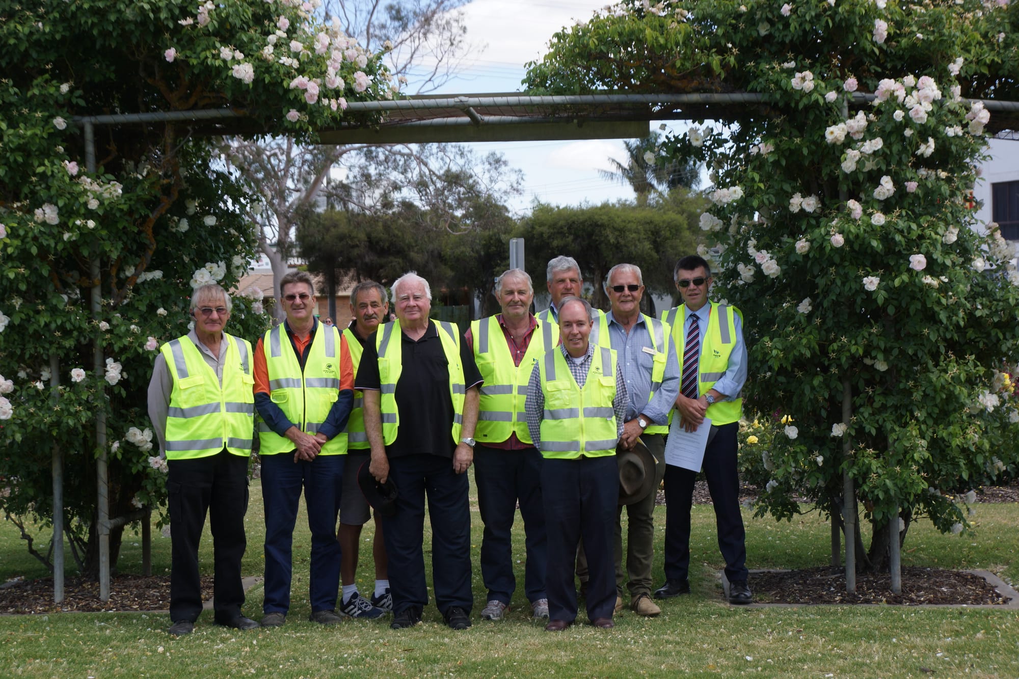 Local knowledge ... Members of the Numurkah Flood Mitigation Implementation Committee (from left) Joe Few, Colin Pendlebury, Neil Hutchins, John Blackman, Peter Sprunt, Ray Thornton and Cr Kevin Bourke with Moira Shire Manager Construction and Assets Graham Henderson (front) and Moira Shire General Manager Infrastructure Andrew Close (far right).